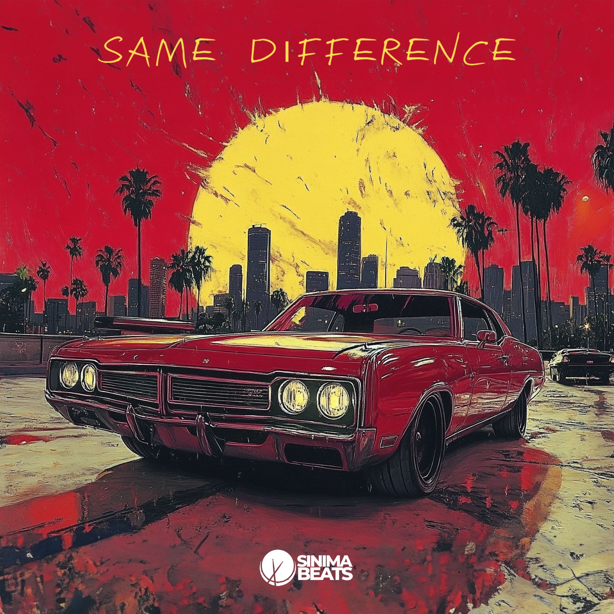 West Coast hip-hop cover art featuring a red lowrider, large yellow sun, red sky, and palm trees illustration - 'Same Difference.'