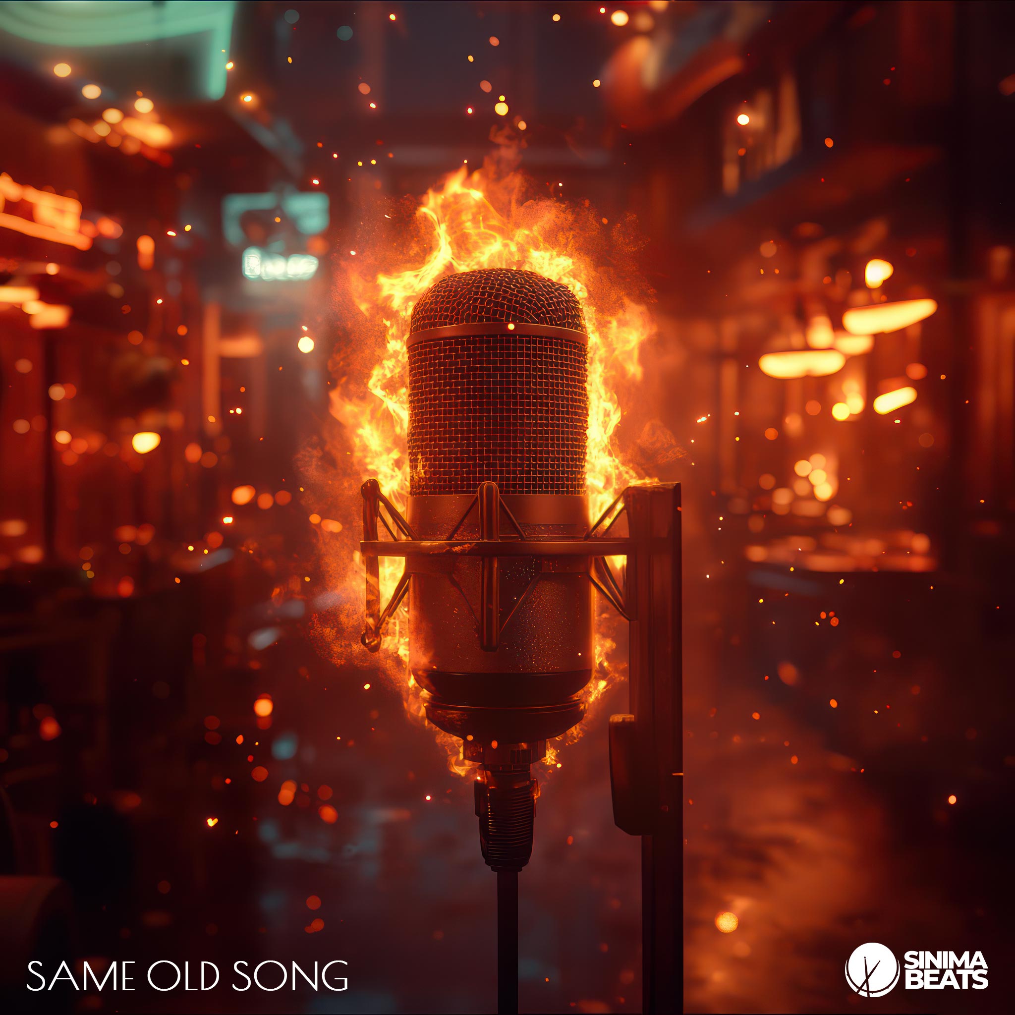 A microphone caught on fire in a bar-like setting, creating a dramatic and intense scene captured through photography. The image conveys a sense of chaos and passion, reflecting a powerful moment in a vibrant environment. – Same Old Song