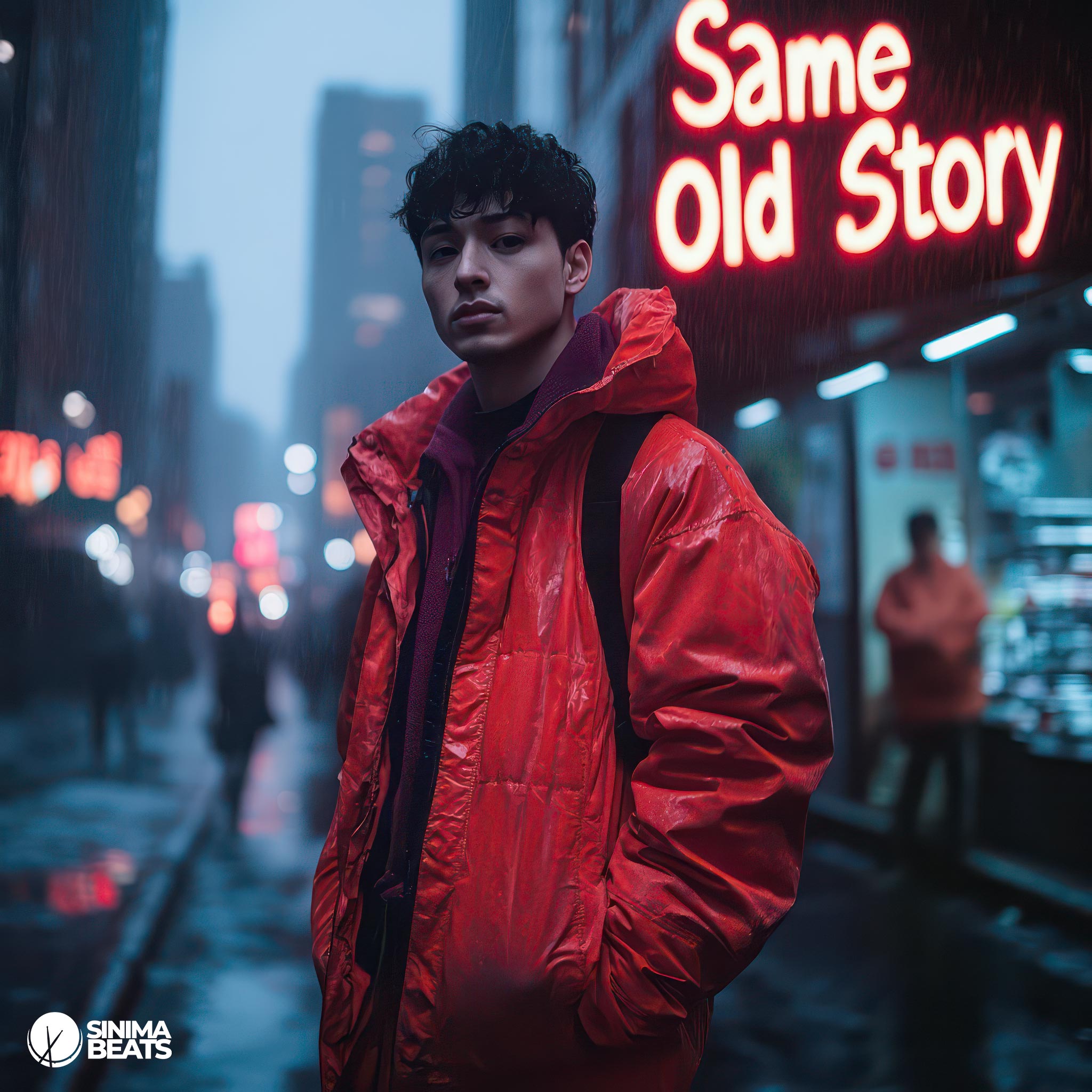 A handsome Asian man wearing a glossy orange down jacket stands in the city during rainfall, captured in a hip-hop cover art design. The scene reflects the gritty and stylish essence of New York hip-hop, emphasizing the urban environment and weather conditions. – Same Old Story