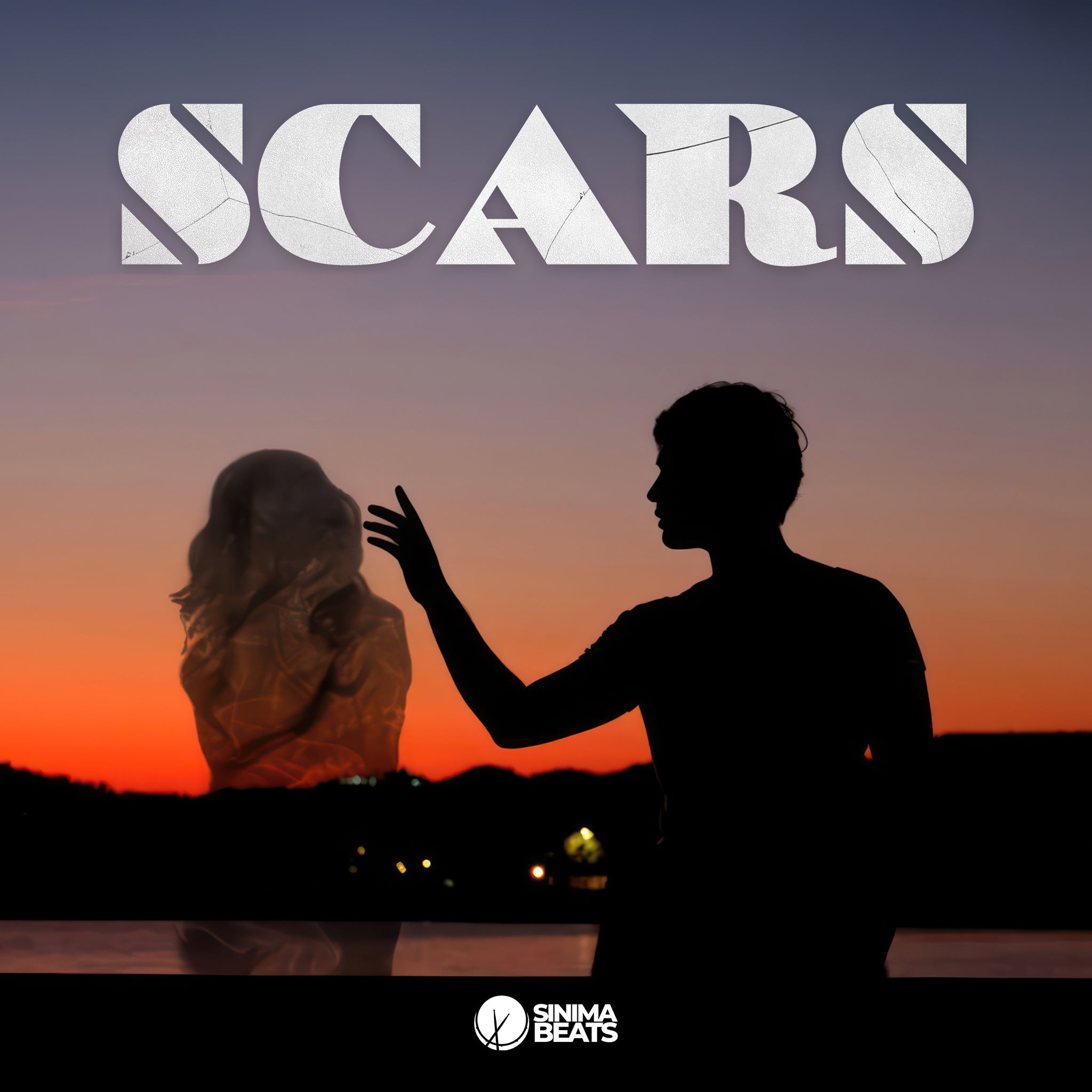 A silhouette of a sad man reaching towards a fading woman, depicting heartache from a breakup against a sunset by a river backdrop. The image captures the emotional struggle and longing associated with lost love, set in a dramatic and evocative scene. - Scars