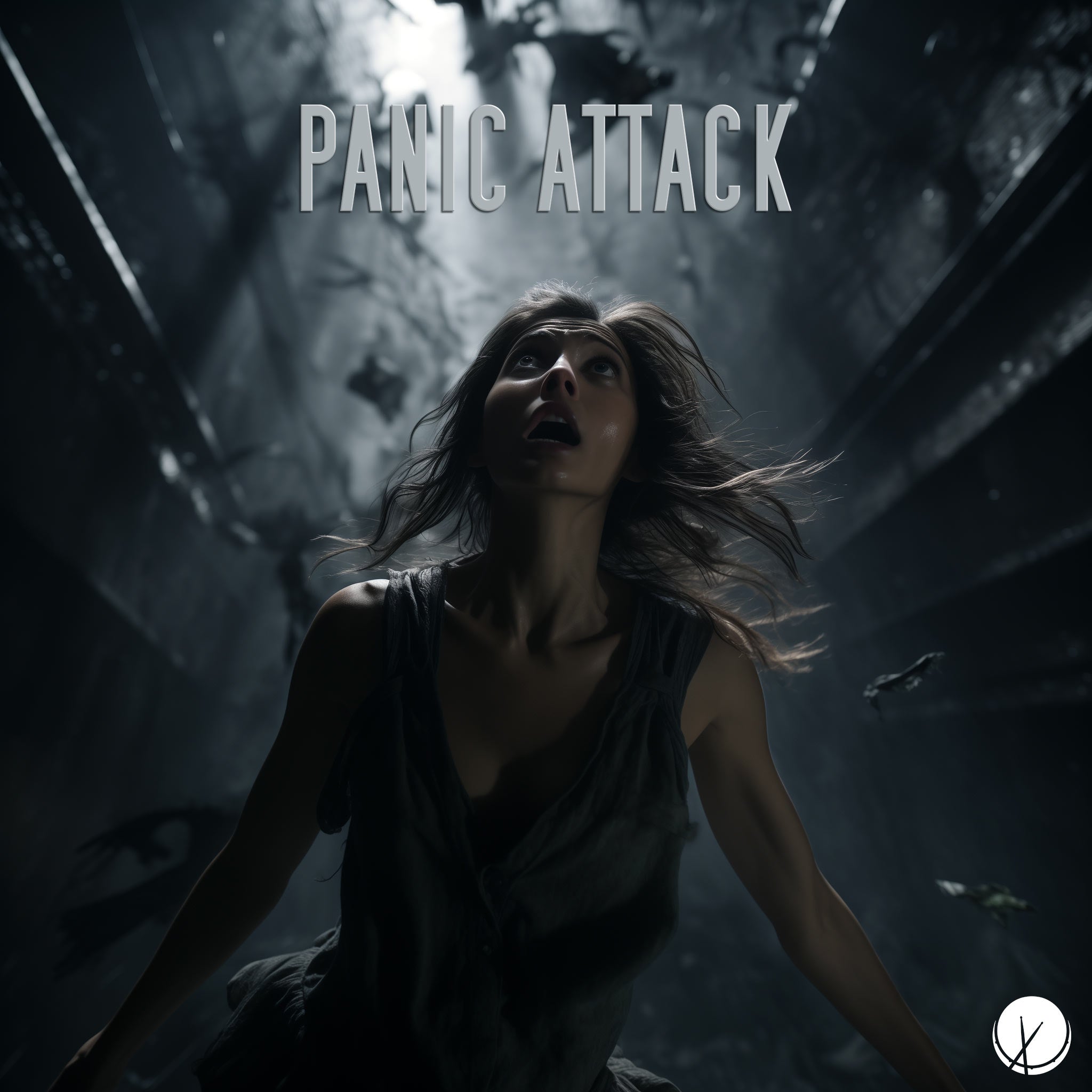 Scene from a dramatic film depicting a woman having a panic attack. Title: "Panic Attack."