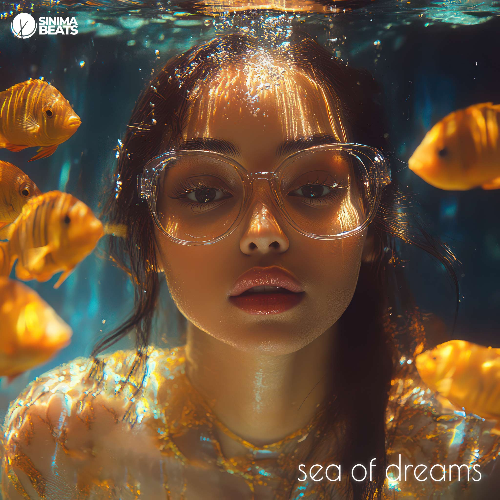 An attractive Hispanic girl is shown close-up underwater, wearing transparent-framed glasses and surrounded by fish. The ambient pop cover art design creates a dreamy and serene atmosphere, highlighting the ethereal quality of the underwater scene. – Sea of Dreams