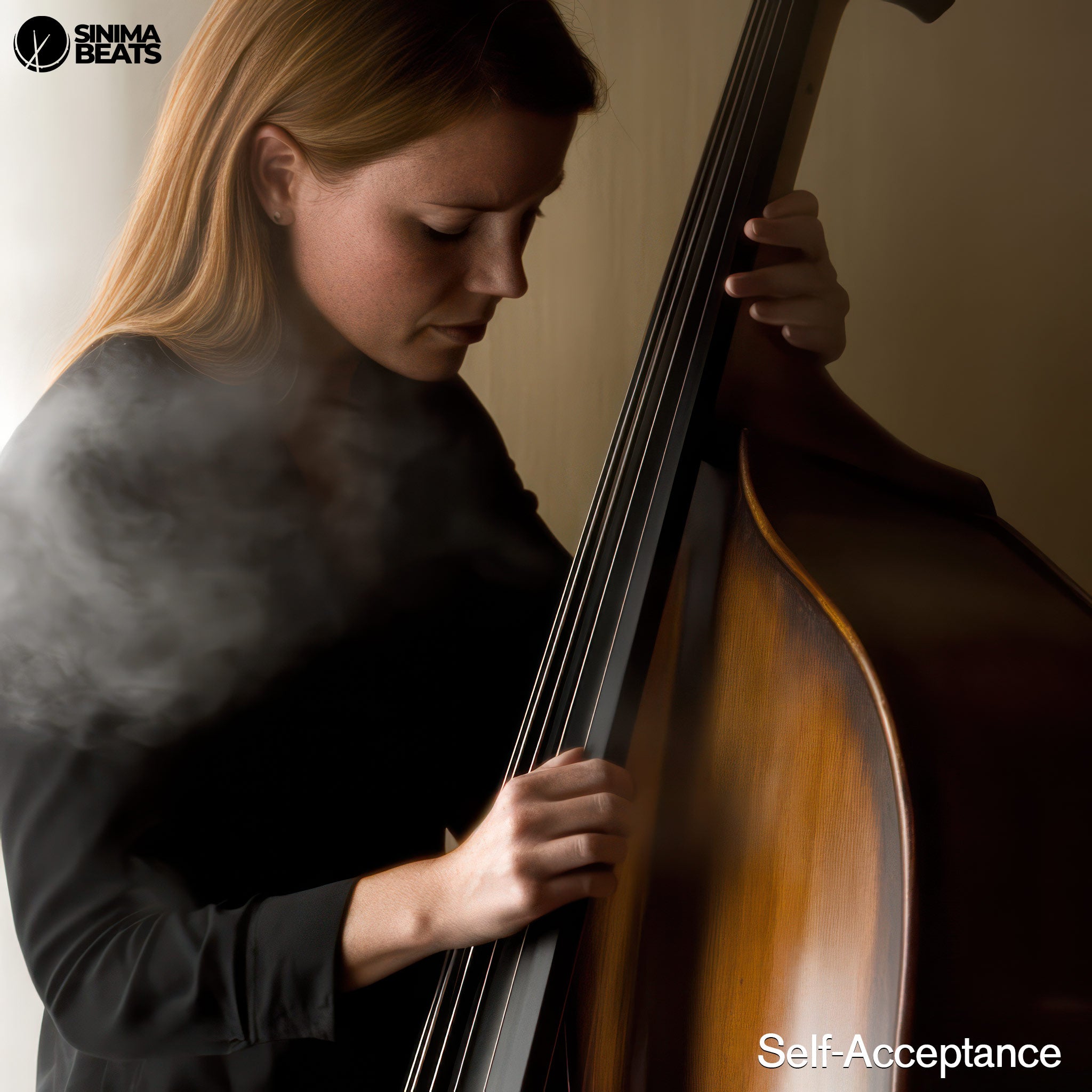 Caucasian woman practicing the double bass with a sad expression on her face, depicted in a cinematic cover art style. The image captures the theme of self-doubt and the emotional struggle of self-acceptance. – Self Acceptance