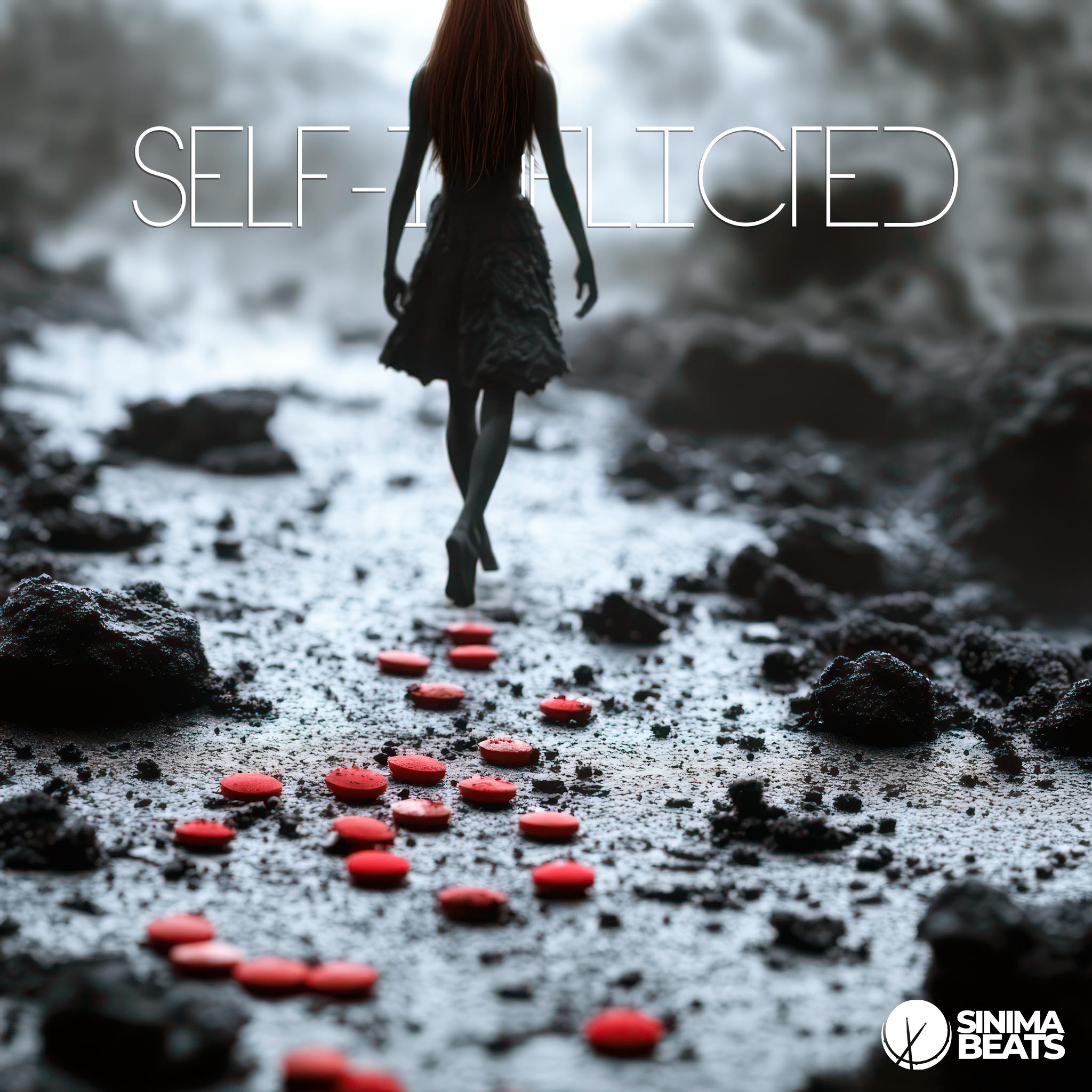 Photo depicting a pathway of red round pills leading to a woman with red hair walking. The image portrays the theme of self-inflicted struggles and the impact of drug use on an individual’s life. – Self Inflicted