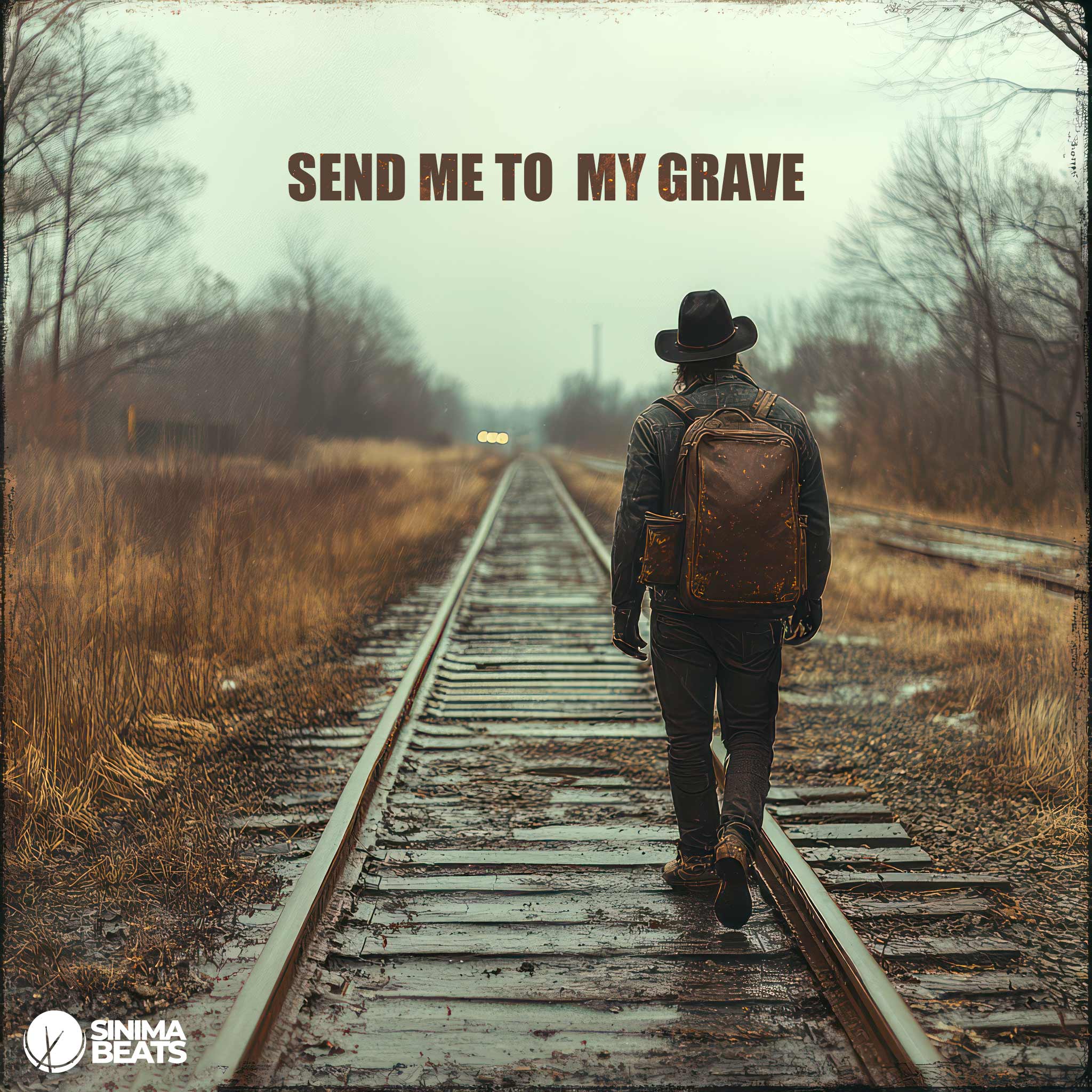 Rugged man wearing a leather backpack, boots, and a black cowboy hat, walking alone down railroad tracks in damp weather during the autumn season. The scene evokes a sense of solitude and contemplation, embodying the theme of leaving it all behind. – Send Me to My Grave