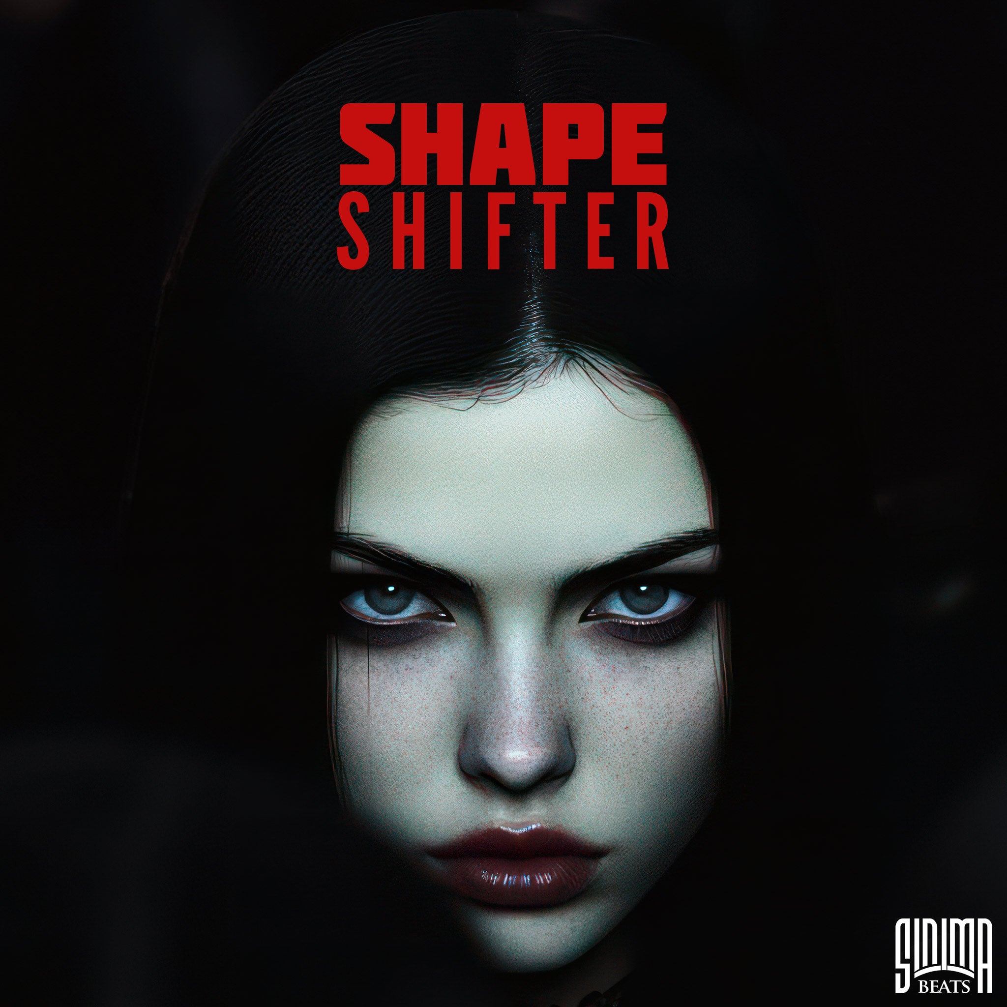 Close-up of a pale European girl with straight black hair and an eerie expression, set against a dark background. The intense gaze and mysterious atmosphere evoke a sense of transformation. - Shapeshifter