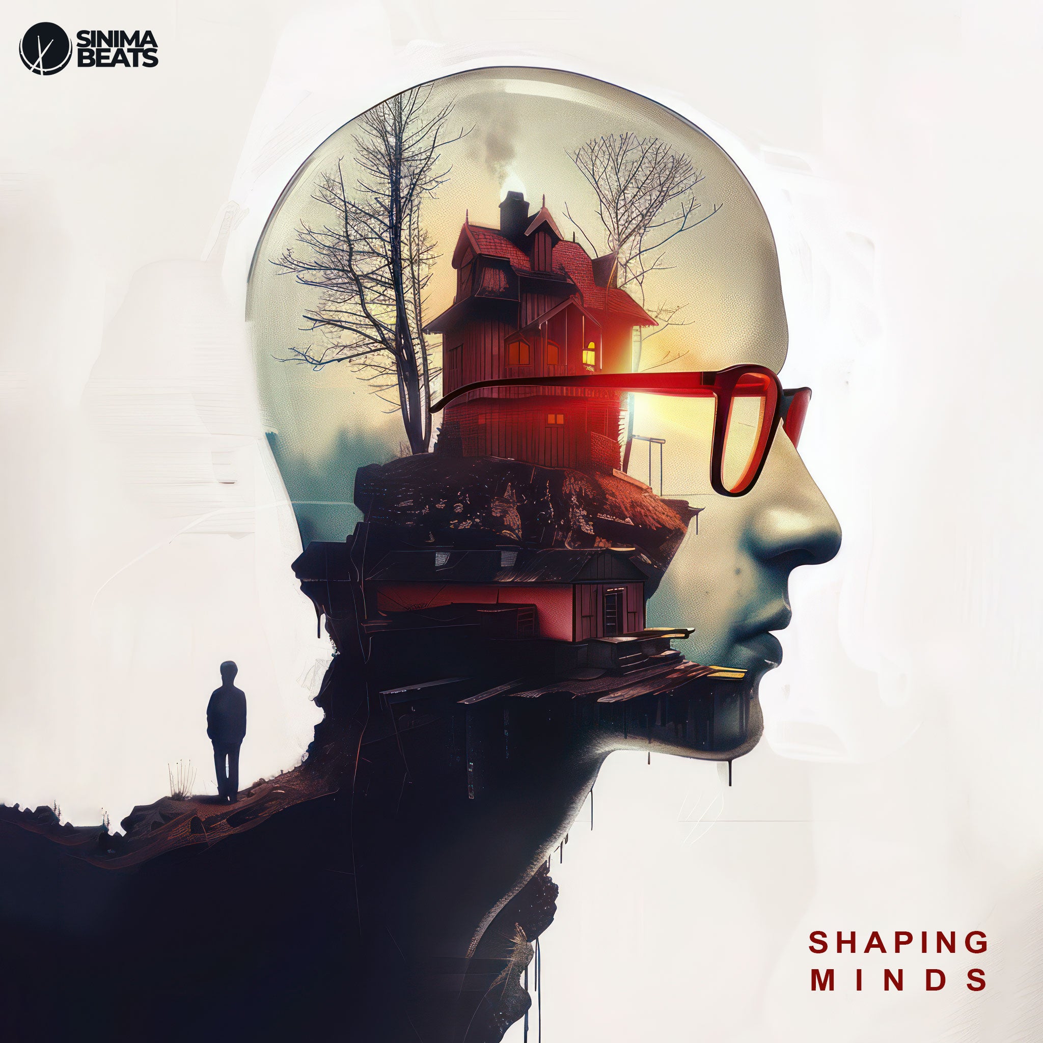 A silhouette of a man standing next to a giant head of another man wearing glasses, with a house depicted inside the head, against a white textured background, symbolizing introspection and intellectual influence. – Shaping Minds