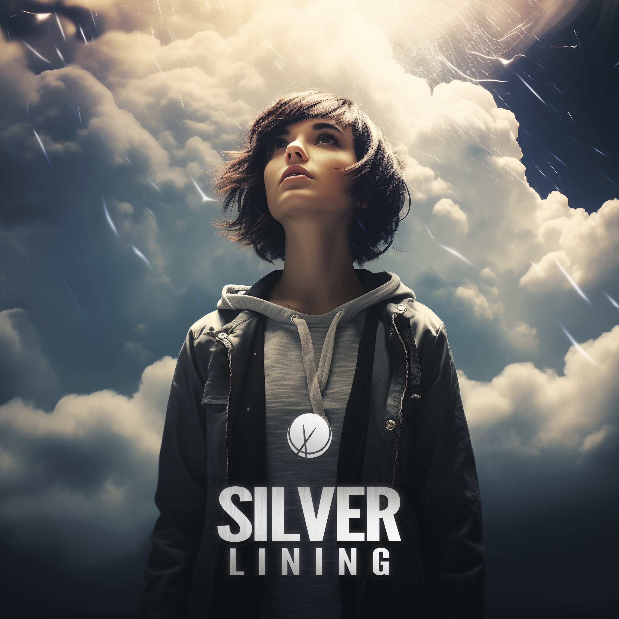 Pop rock cover art featuring a young girl looking up against a background of a cloudy sky with a silver lining. Title: "Silver Lining."