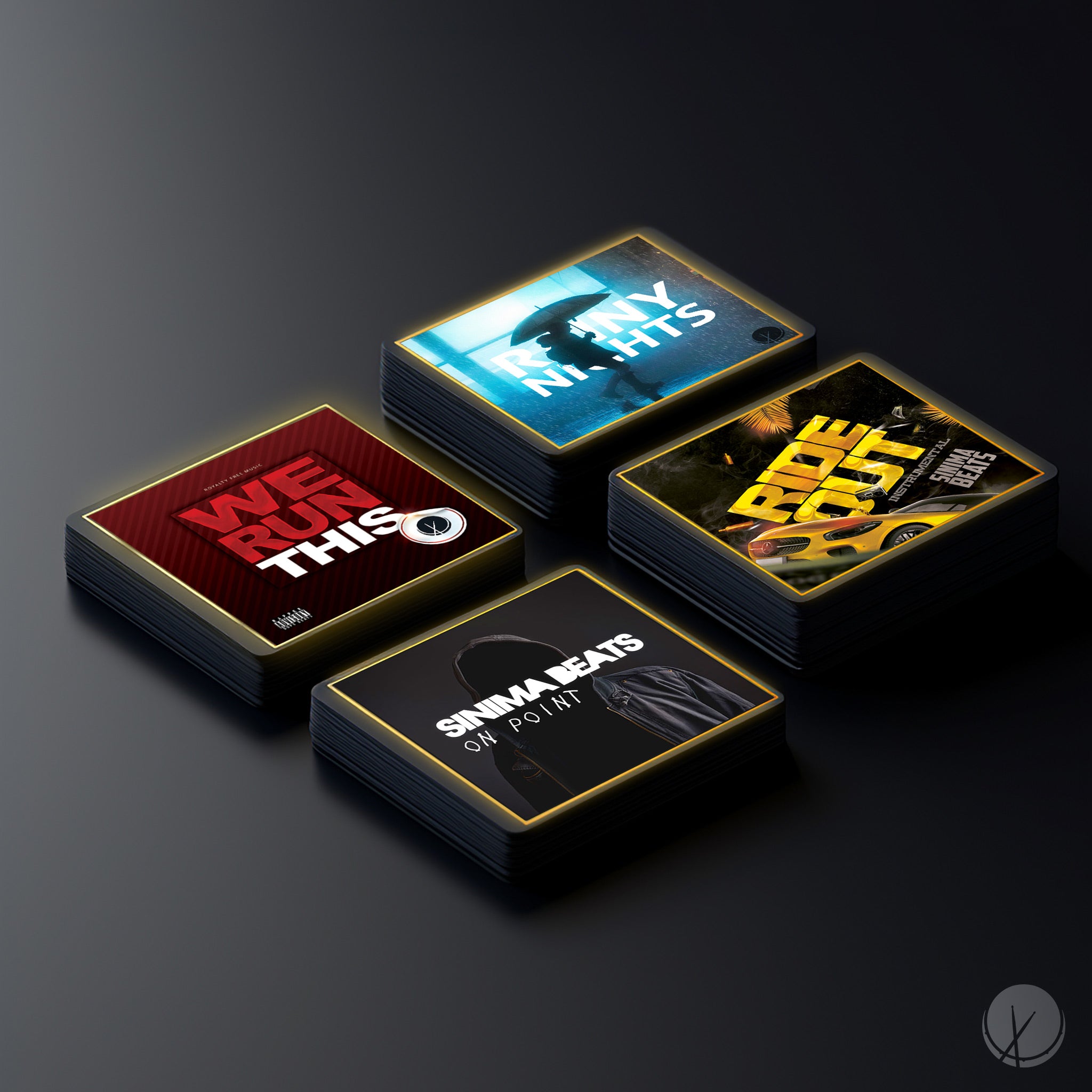 Products Cards in luxury style, 4 stacks over a corporate gray gradient background in high resolution (2048x2048px). - SINIMA BEATS