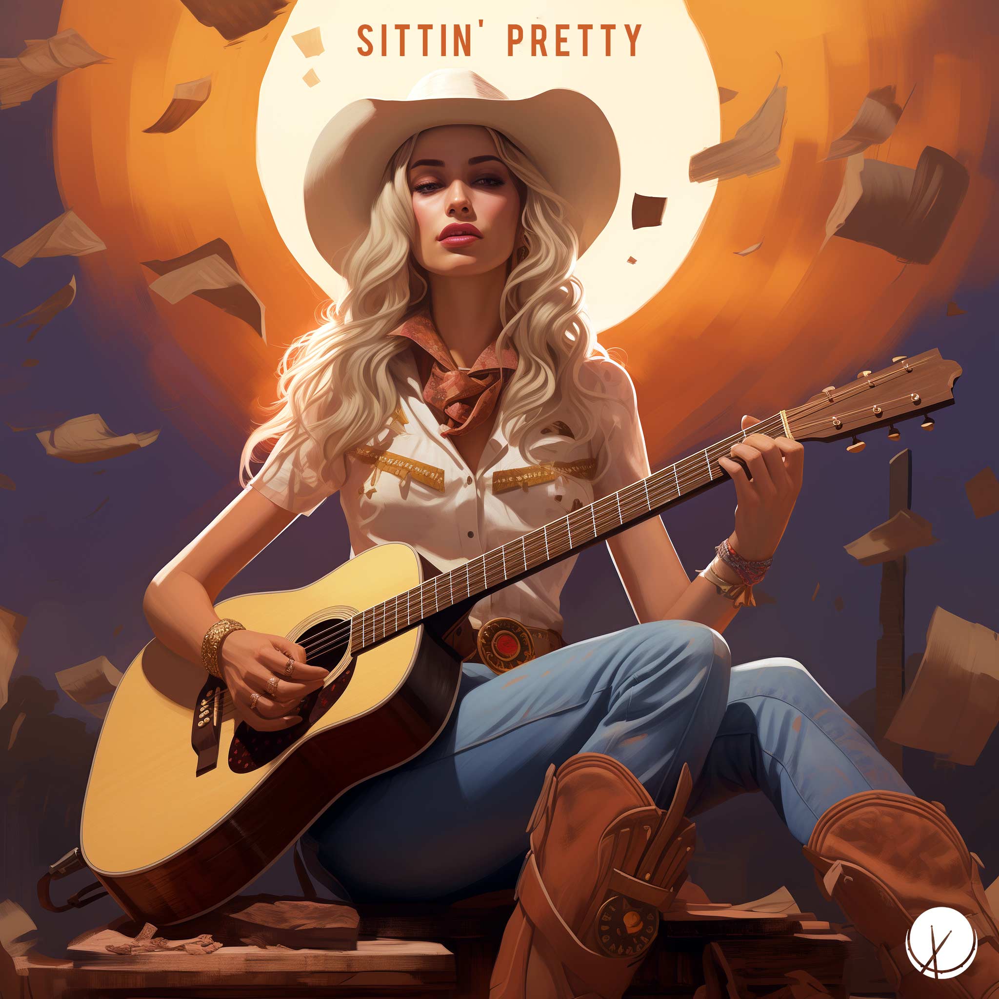 Sittin' Pretty: Country Singer, Beautiful, Slender, Blonde, with Make Up. Sitting, Holding Acoustic Guitar, Wearing White Shirt, Blue Jeans, and Leather Boots.