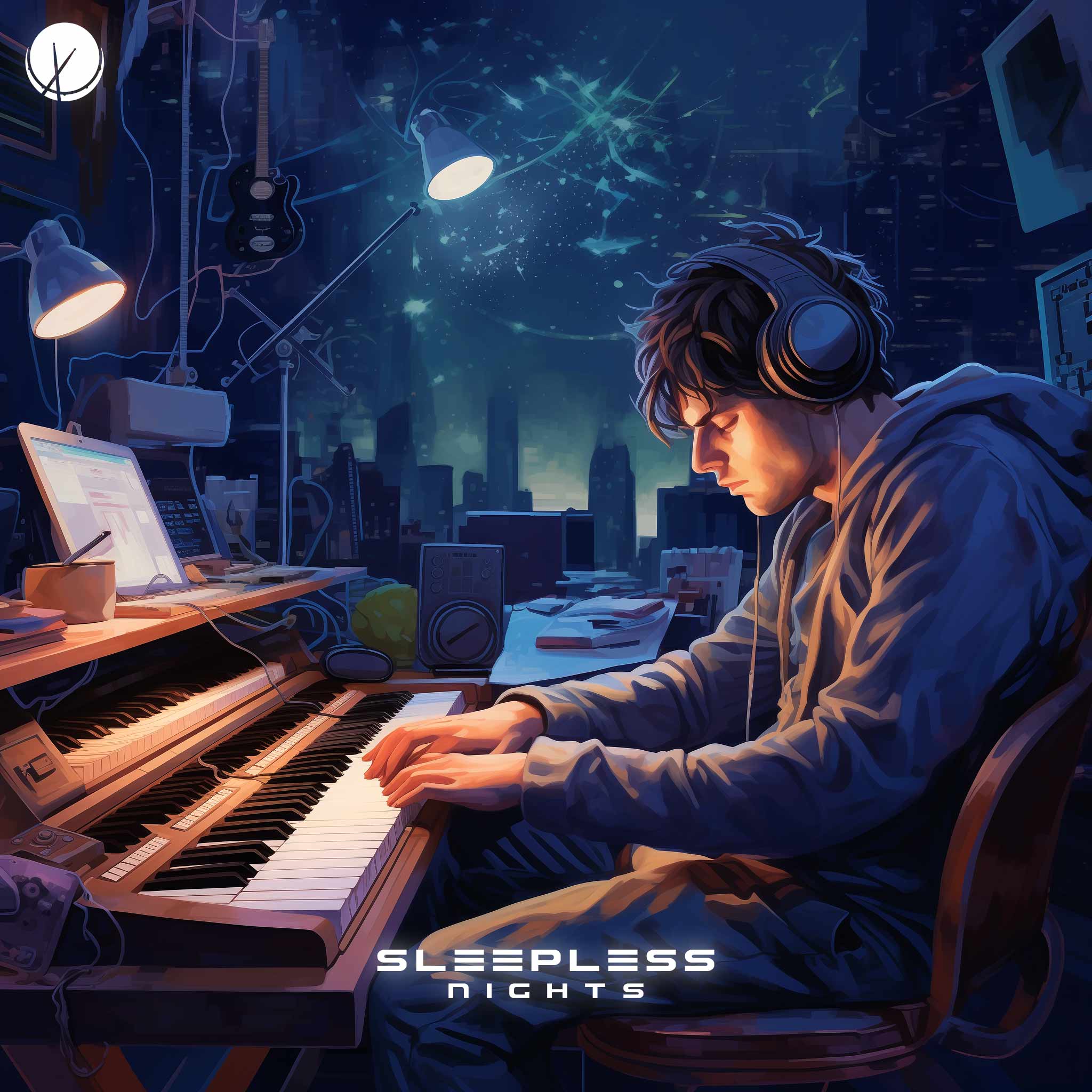 Sleepless Nights: Music producer working in the studio, playing the synthesizer keyboard. Wearing a blue hooded sweater in a nighttime, dimly lit room - Illustration.