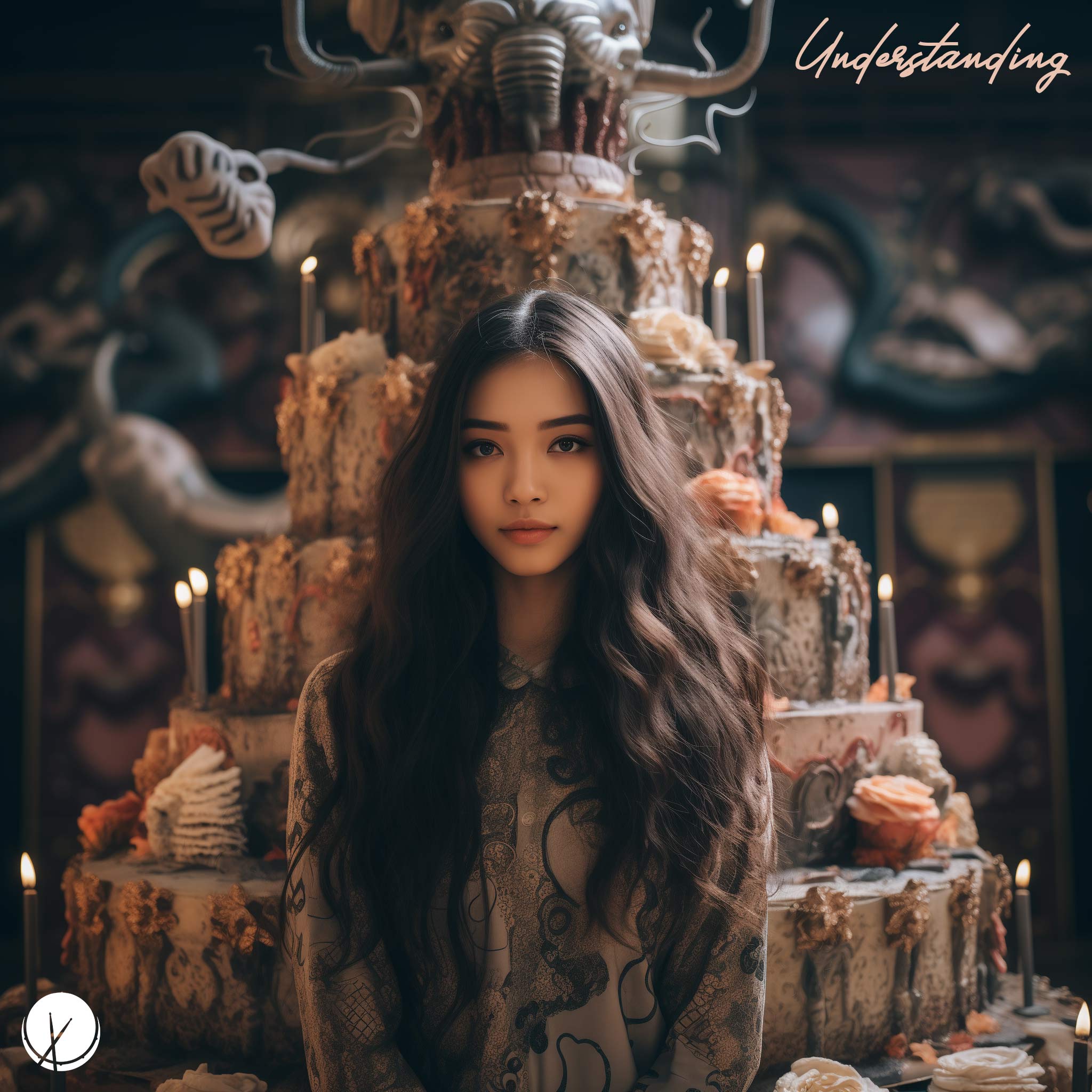 Image of a slender, attractive Asian girl with long hair looking at the camera. She is standing next to a giant decorative cake. Title: "Understanding."