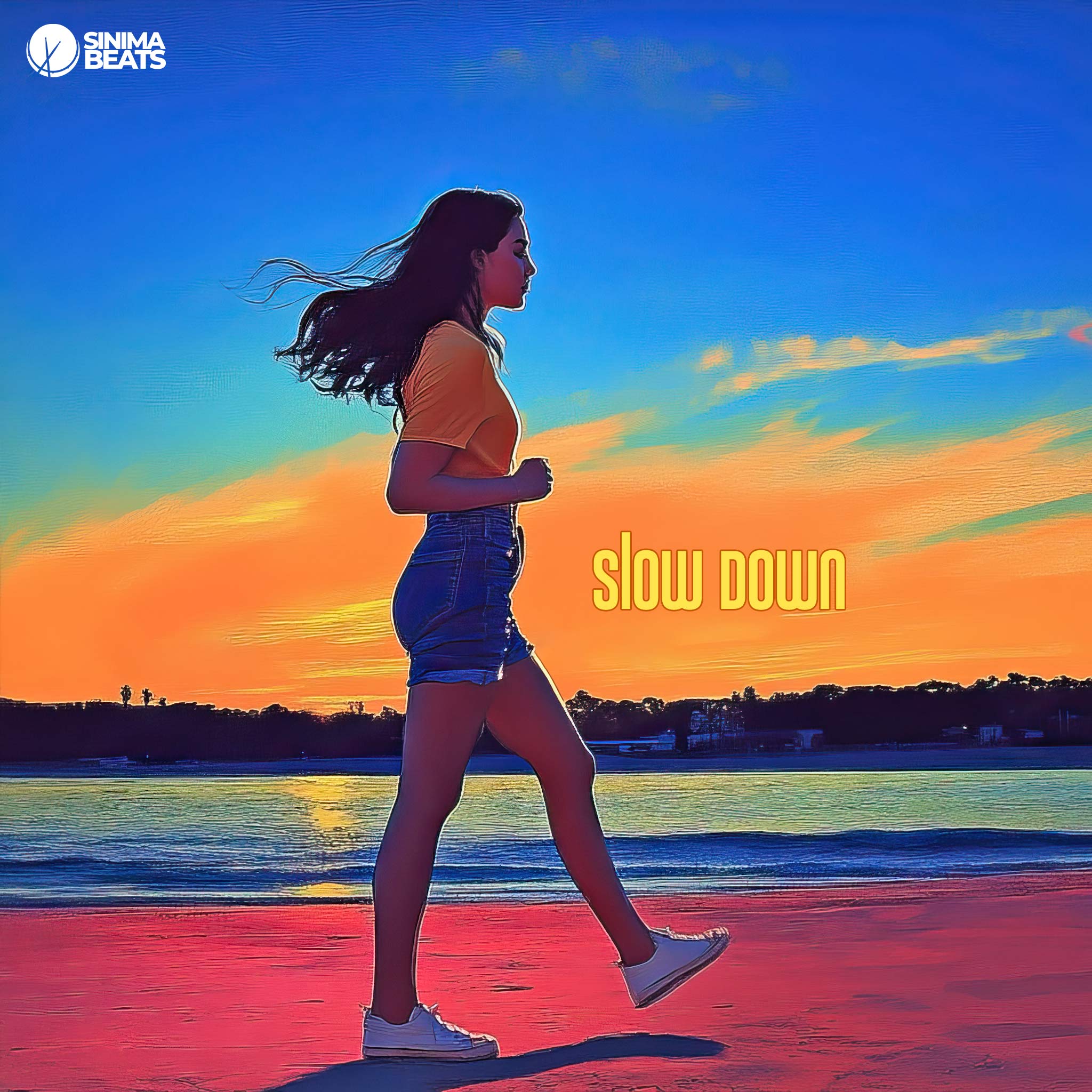 A brunette girl in an orange top, blue jean shorts, and sneakers, walking by a river. The scene is painted in a style fitting for an urban pop cover art, capturing a casual, relaxed vibe. – Slow Down