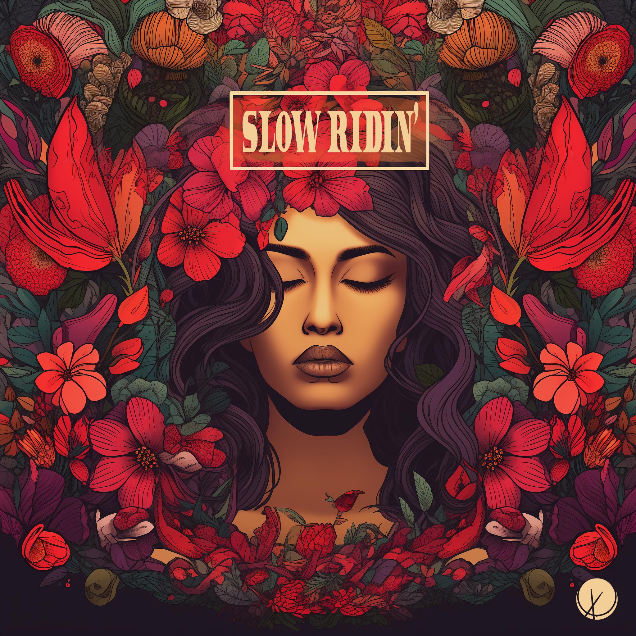 R&B cover art illustration titled "Slow Ridin'" featuring a colorful floral design and an attractive black woman with her eyes closed, creating a visually captivating and serene atmosphere.