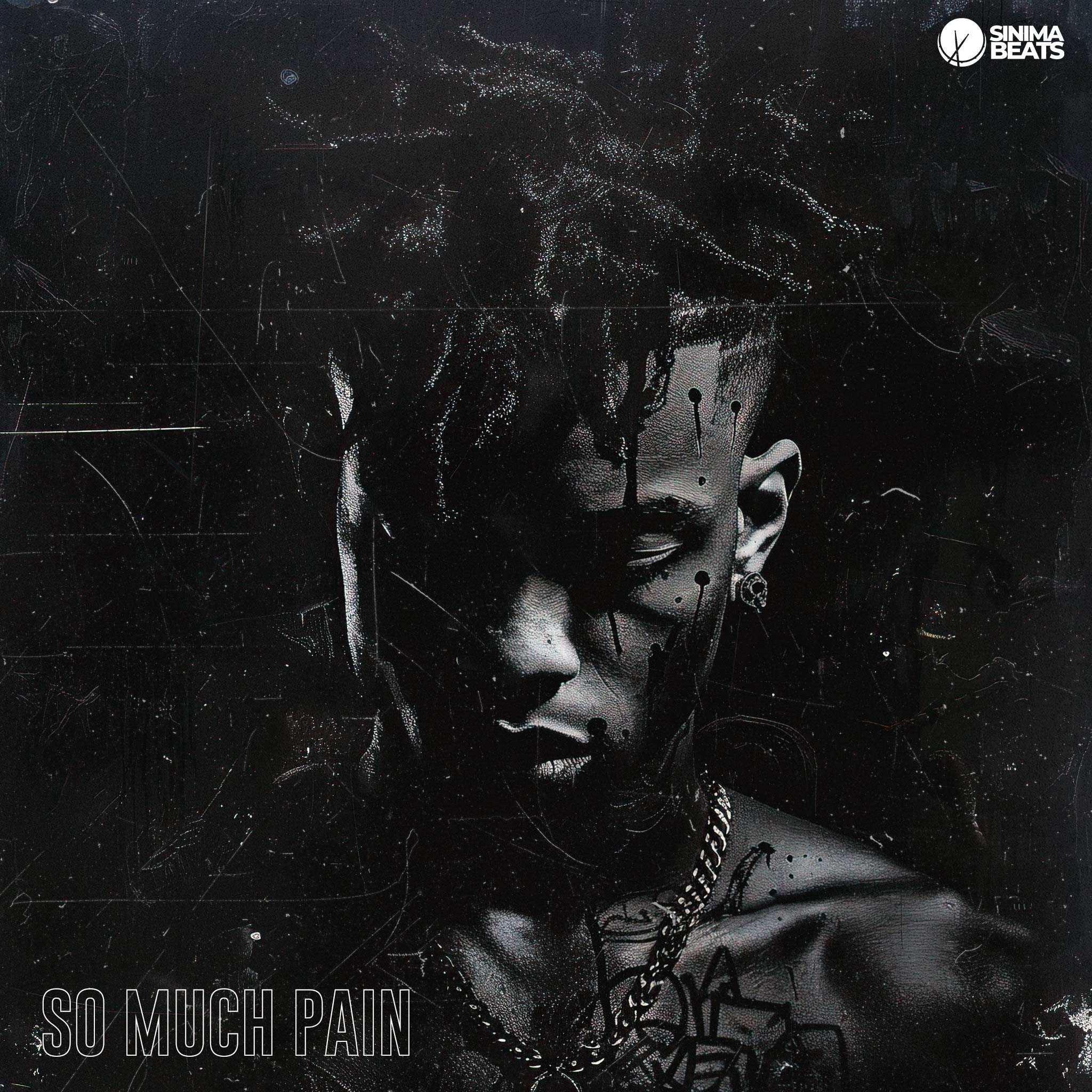 A black rapper with a poignant expression, wearing a silver chain and shirtless, set against a scratch texture background, creating a raw and emotional atmosphere for the rap album cover art. – So Much Pain