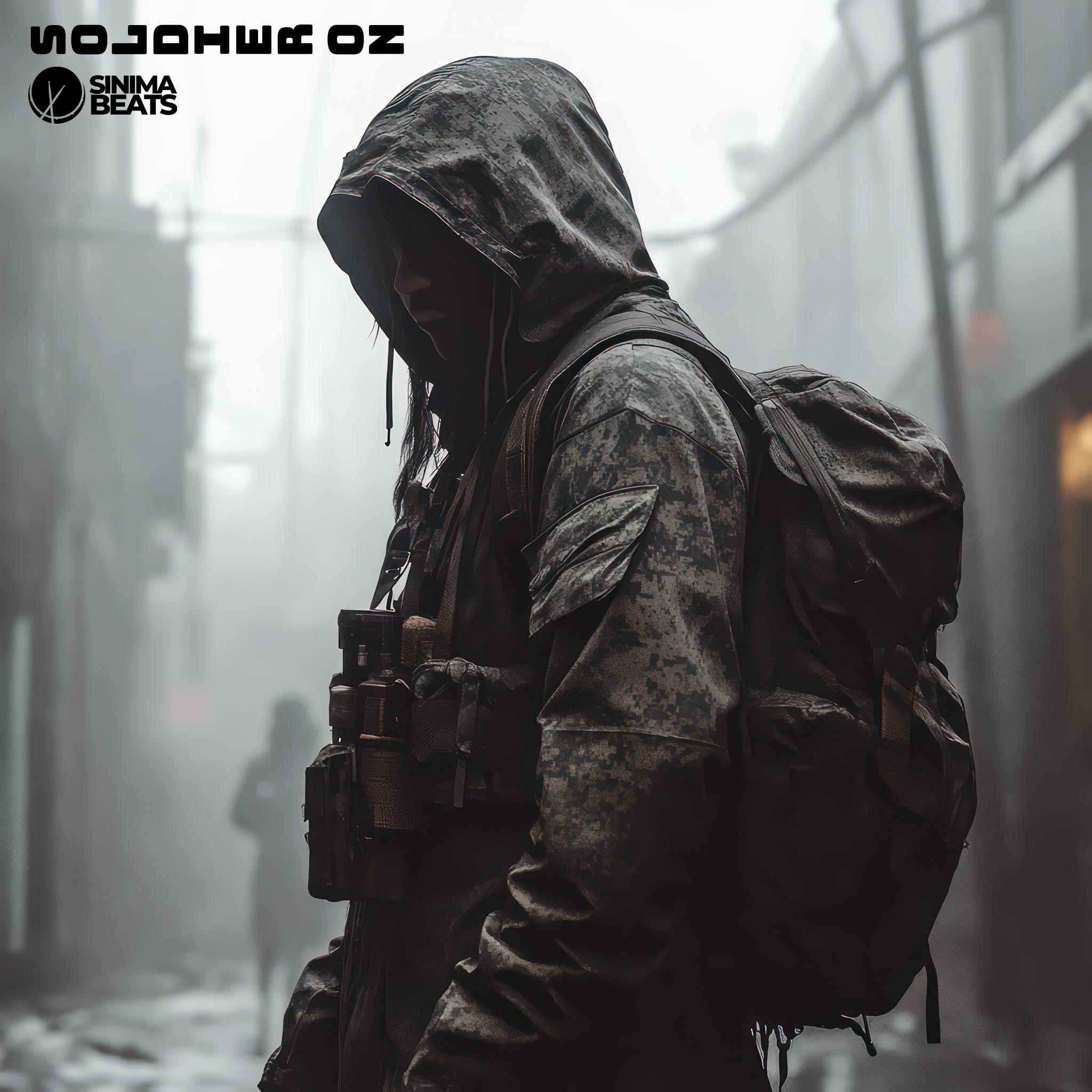 A rapper in a hood and military gear, carrying a backpack and standing in an urban environment shrouded in fog, depicting a sense of resilience and toughness. – Soldier On