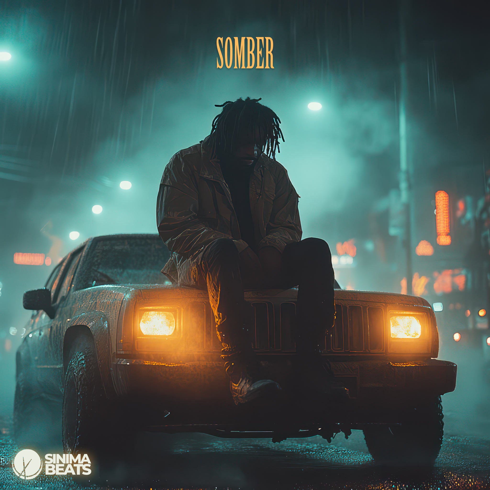 A somber rapper sitting on the hood of a boxed car, captured in a cinematic night scene with rainfall, creating a dramatic and reflective mood. – Somber