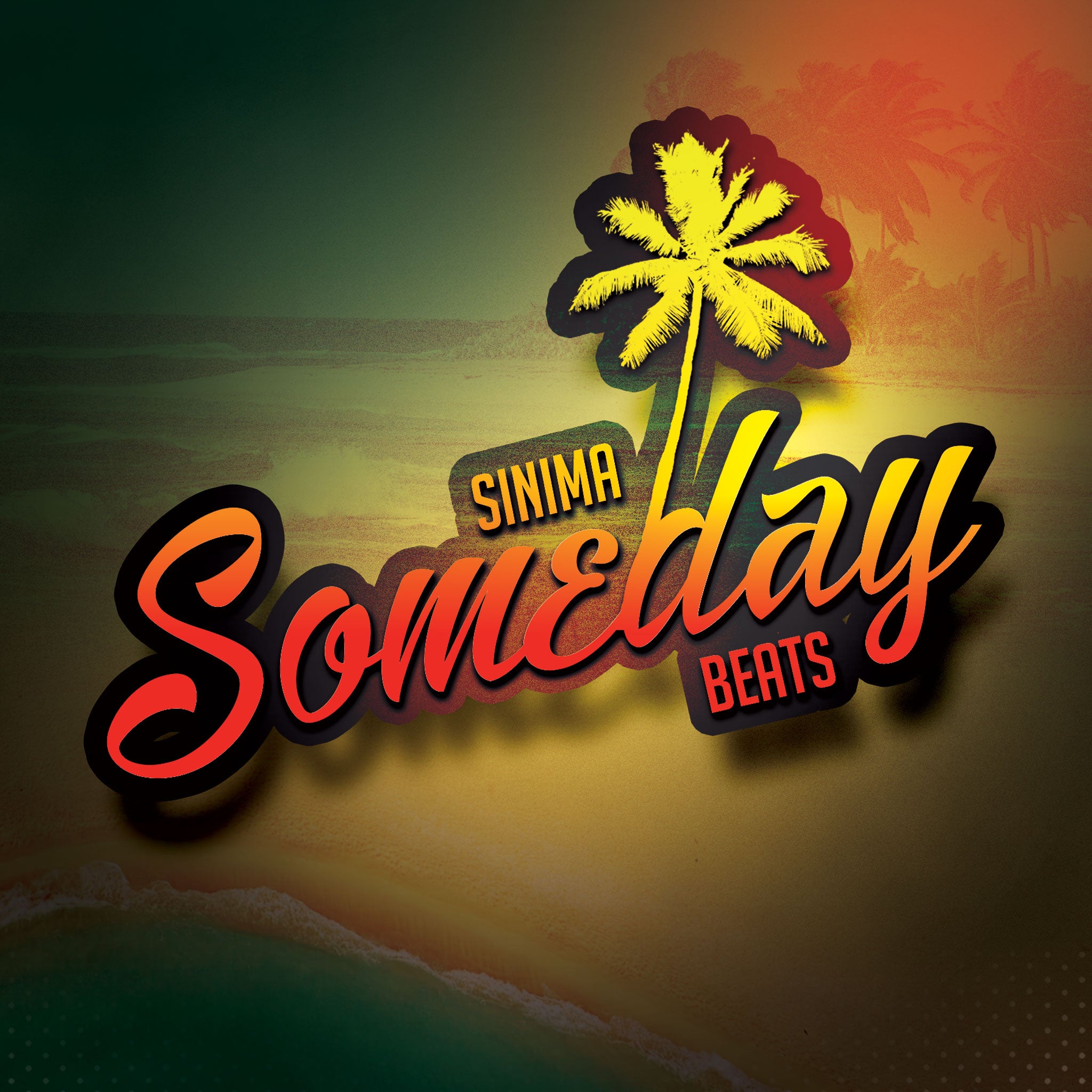 A vibrant reggae cover art design featuring typography with green, brown, and yellow colors. The illustration evokes a tropical island vibe, capturing the essence of a sunny, laid-back atmosphere. – Someday Island