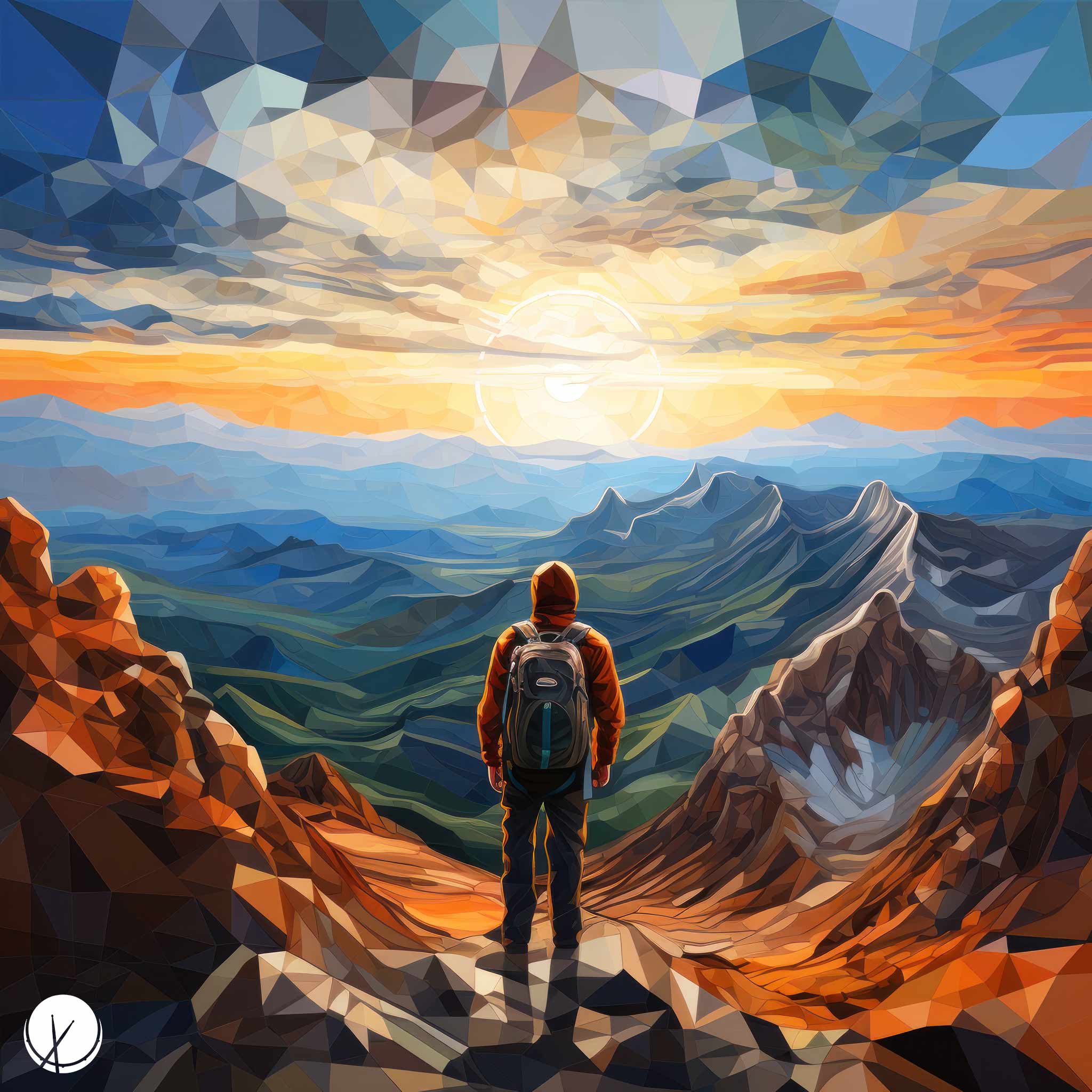 Lone Traveler Looking Out Towards a Polygon Sky with Bright Sun and Distant Mountains in the Style of Backlight Photography, with Cubism.