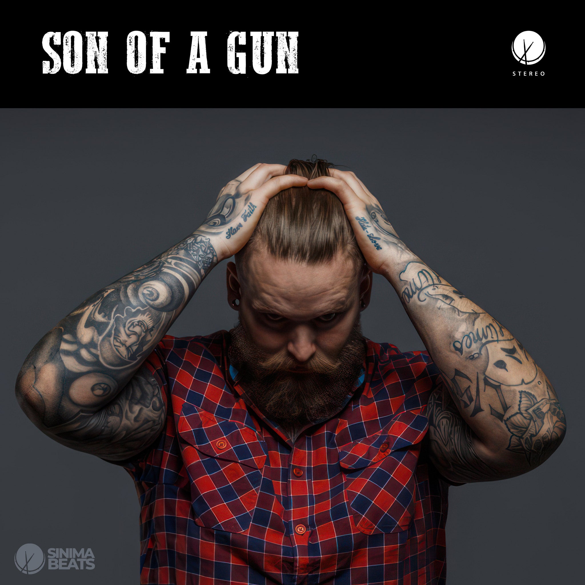 A rugged southern man with a strong build, wearing a red flannel short-sleeved shirt and showing off tattoos, pushes his hair back with his hands. His bearded face and intense expression add to the tough, rebellious vibe, suited for hick-hop country rap cover art — Son of a Gun.