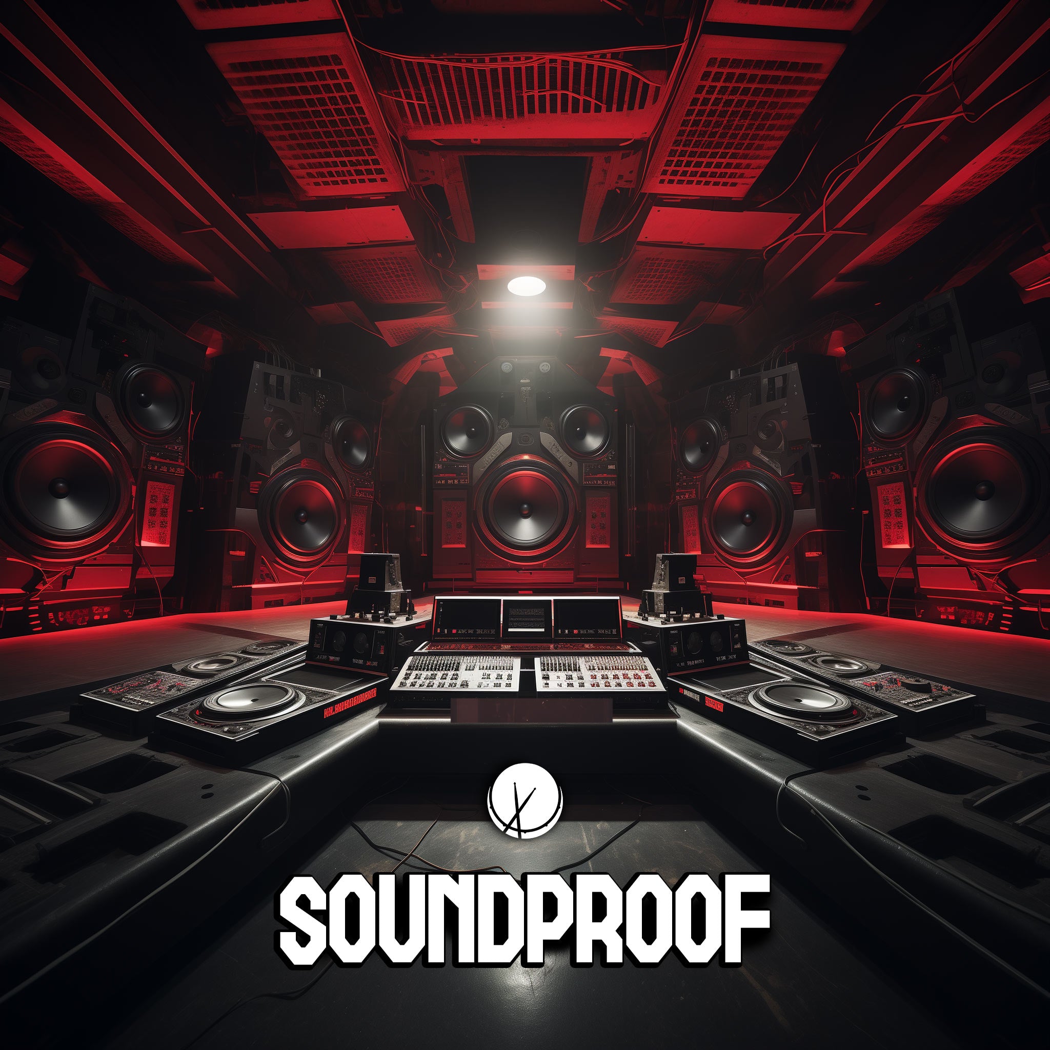 Vibrant club art titled "Soundproof" featuring an epic system, hip-hop music club, and recording studio equipment. The color scheme is red and black, creating a dynamic and energetic atmosphere.