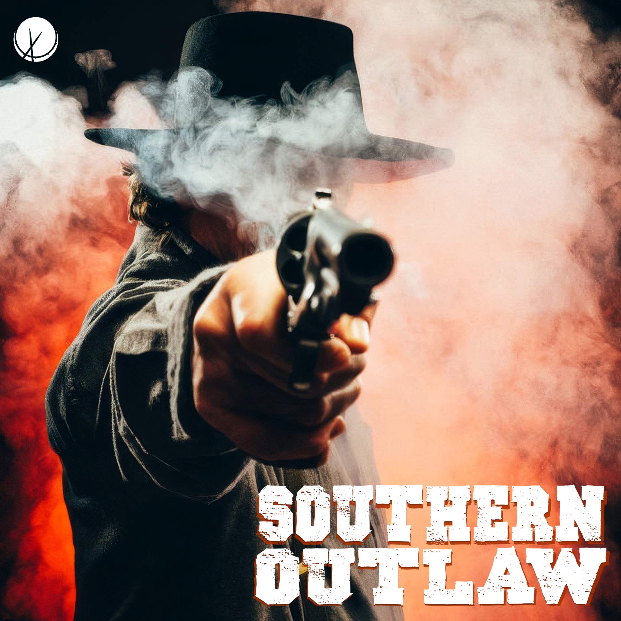 Rugged Man Wearing a Black Cowboy Hat while Aiming a Magnum Revolver Pistol over Smoke Rising in Red and Peach Hues (2048px by 2048px, high resolution). Title: "Southern Outlaw.".