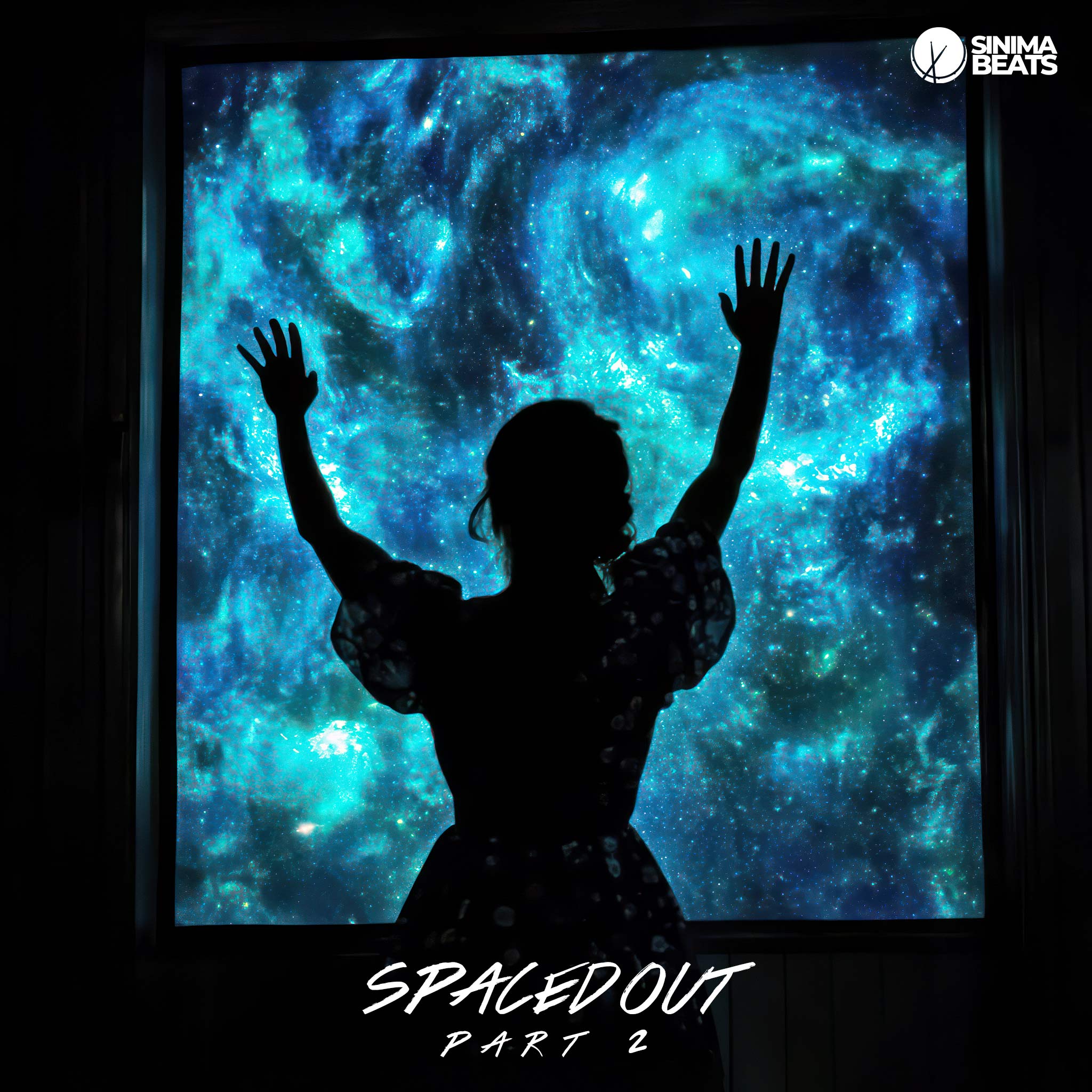 Silhouette of a woman pressing herself against a window in a dark room, with the cosmos visible through the glass – Spaced Out Part 2