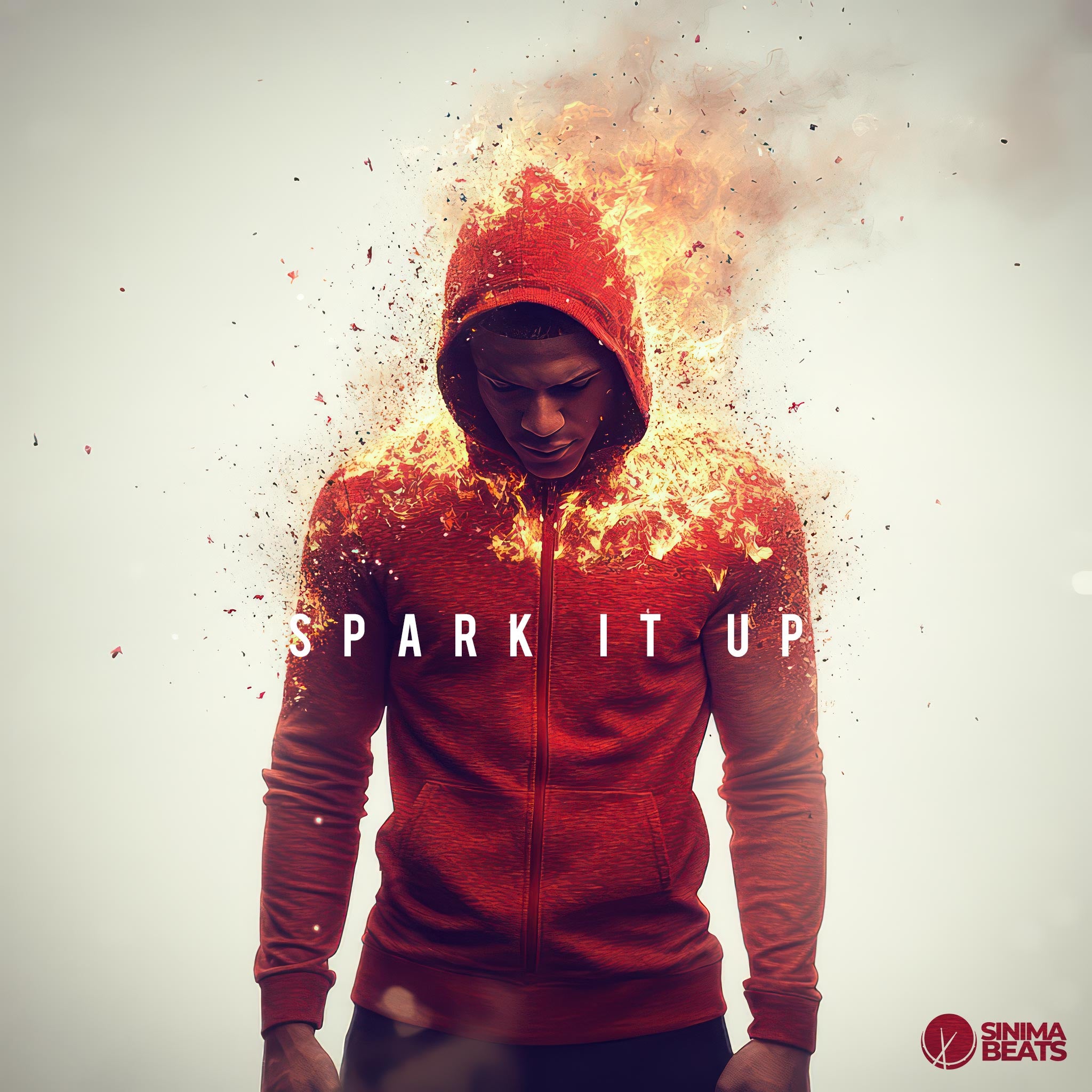 Black man with sparks and flames rising from his shoulders, wearing a red hooded sweater, against a cream-colored background – Spark It Up