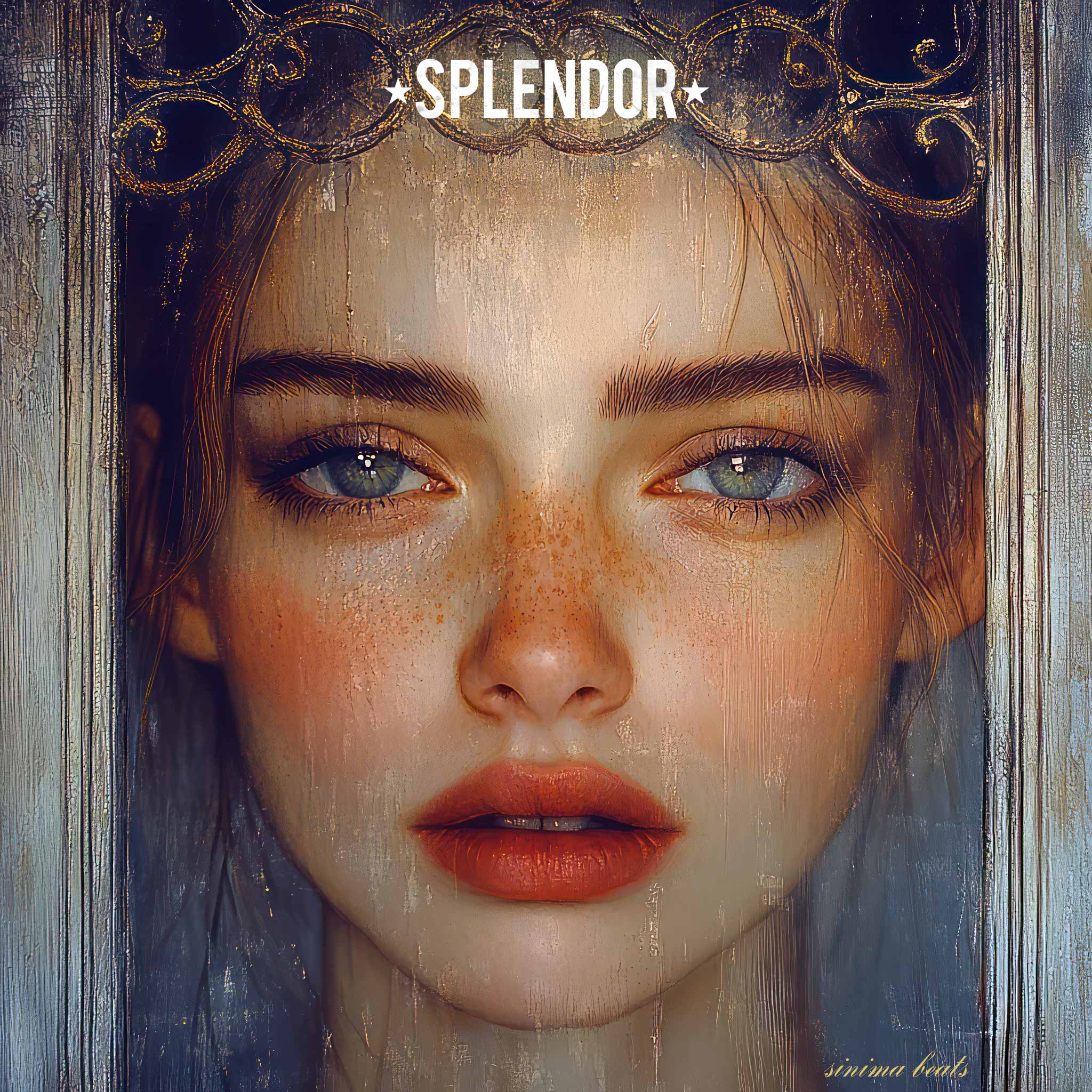 Close-up of a pretty girl's face with rosy cheeks and freckles, wearing a crown resembling a gate, set against a blue background, painting-style cover art – Splendor