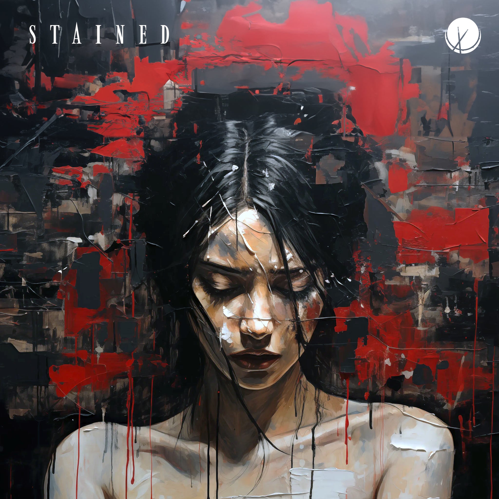 Evocative scene titled "Stained" featuring a sad woman with black hair, surrounded by paint splattered everywhere. The backdrop is a dark background on textured paper, and there is a peeling effect, conveying a sense of emotional depth and intensity.