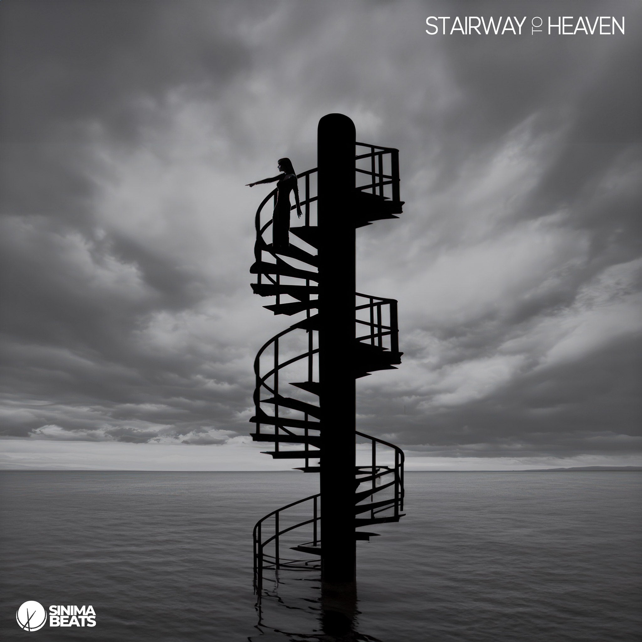 A circular staircase spiraling upwards into the sky, with a woman’s silhouette standing near the top and pointing out; grayscale sea below with ominous clouds – Stairway to Heaven