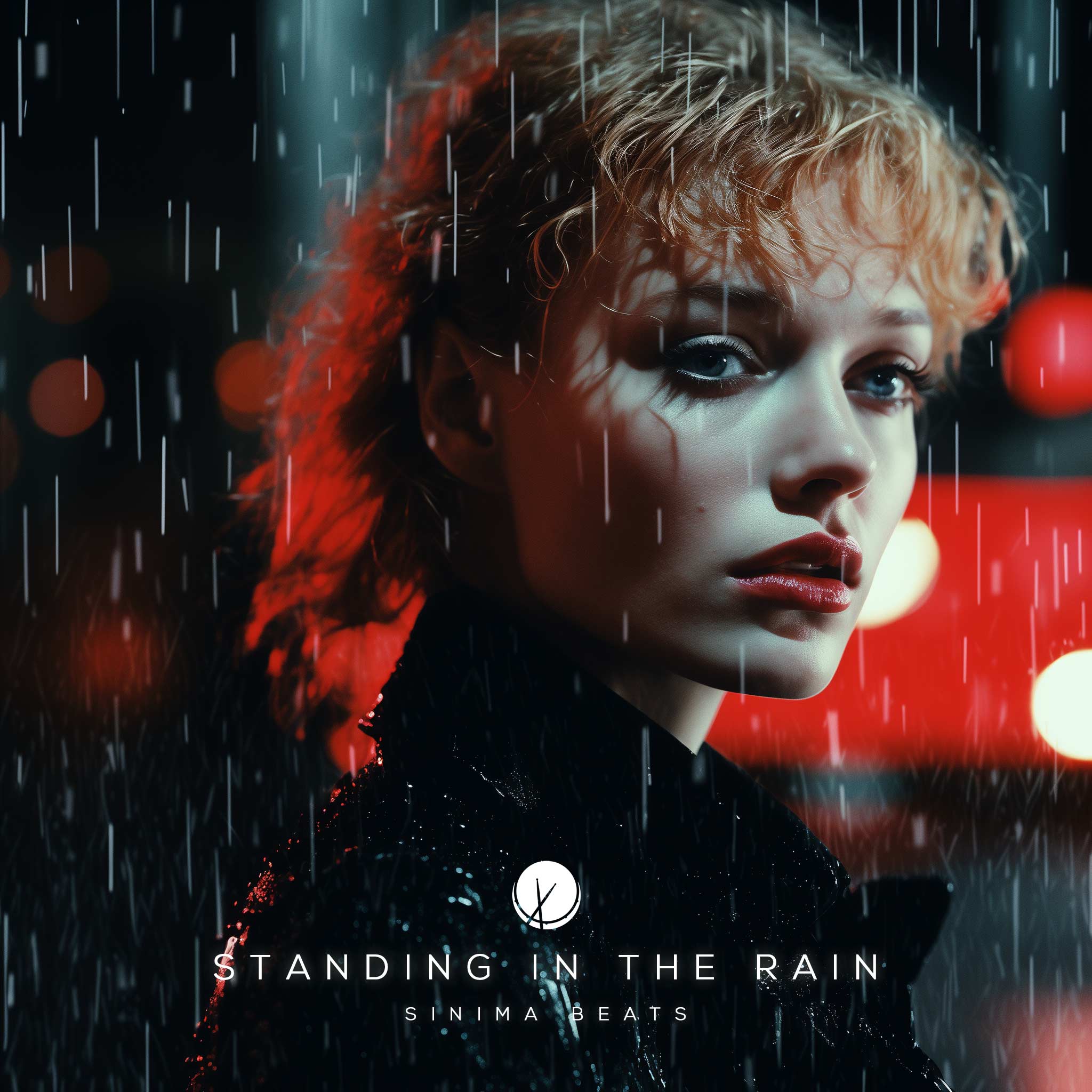 Captivating scene titled "Standing in the Rain" featuring a blonde woman, pretty with makeup and red lipstick, standing in a heavy downpour of rainfall on the street, creating a dramatic and emotional atmosphere.