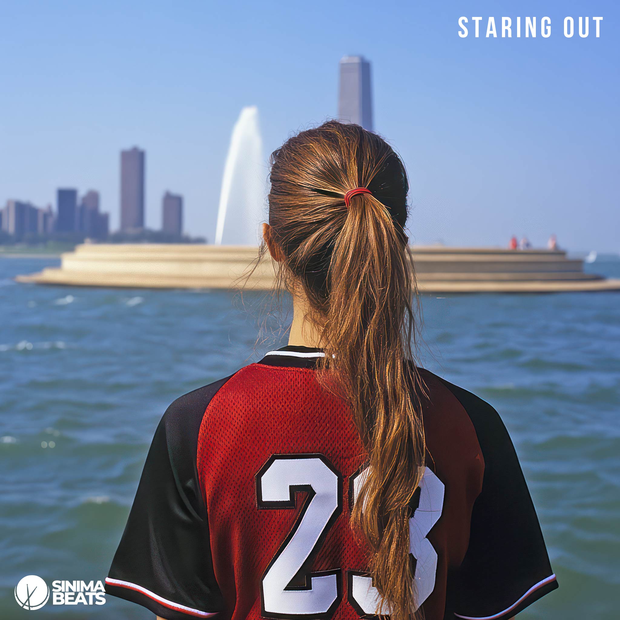 Beautiful brunette young woman in her early 20s wearing a red Chicago Bulls Jordan jersey, looking out at a river – Staring Out