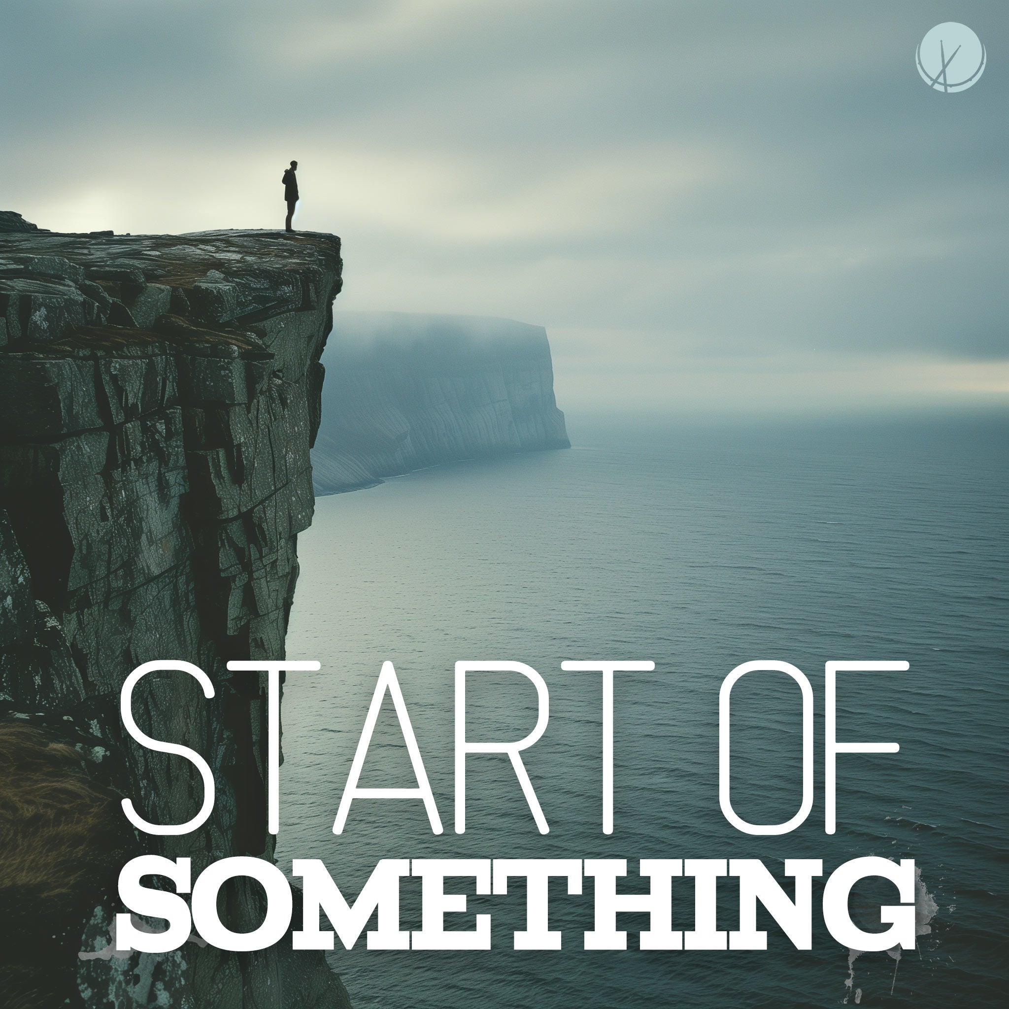 Silhouette of a man standing on a cliff overlooking the ocean, captured in a wide-angle shot under the daylight with a cloudy sky, symbolizing the start of a new journey. Title: 'Start of Something.'