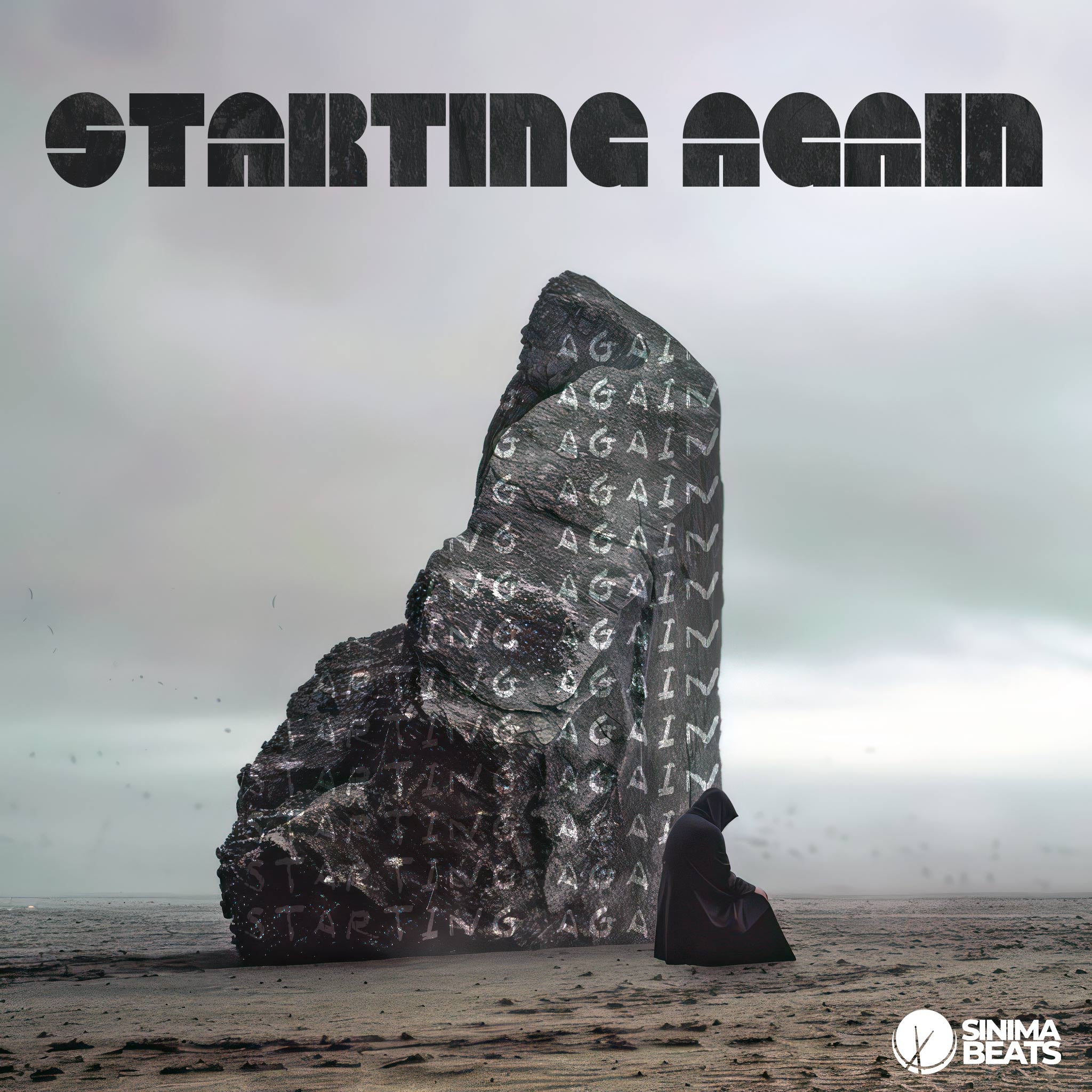 Wide-angle shot of a person wearing a black cloak sitting by a large stone in a desert with ominous cloudy skies. Words are written on the stone, symbolizing a fresh start or new beginnings. The barren landscape and dramatic lighting enhance the sense of solitude and renewal. - Starting Again