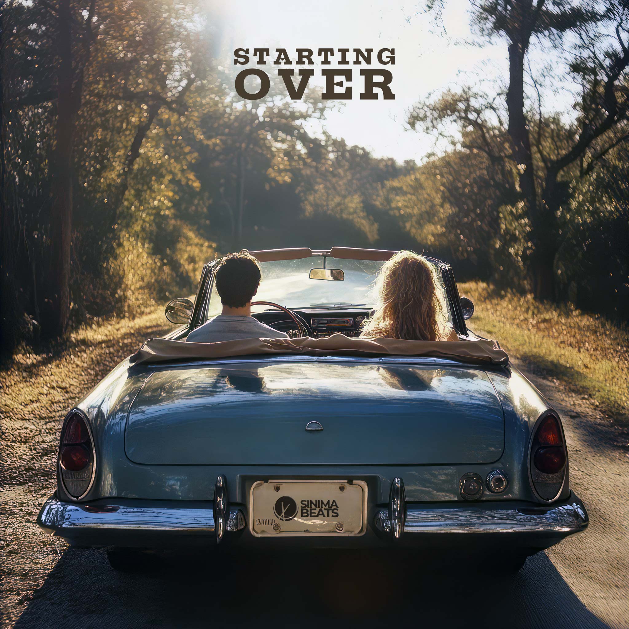 Young couple driving a light blue convertible with the top down on a sunny day, cruising along a forest road, representing a new beginning – Starting Over