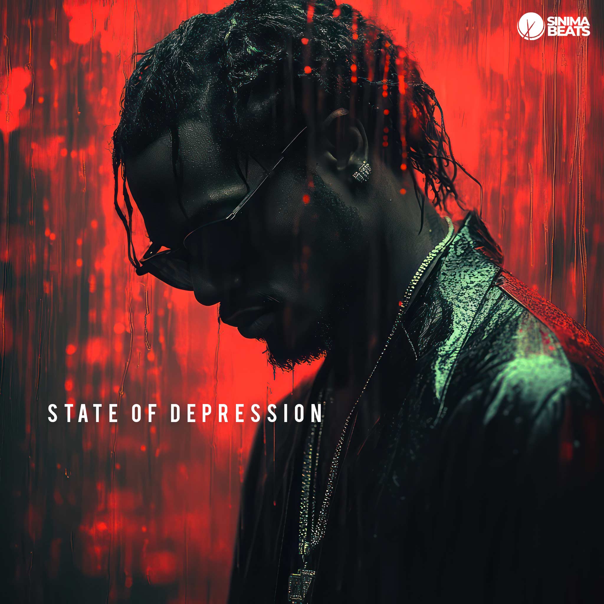 Black man in black leather jacket with a gold chain and sunglasses, set against a black and red background, depicting a state of depression – State of Depression