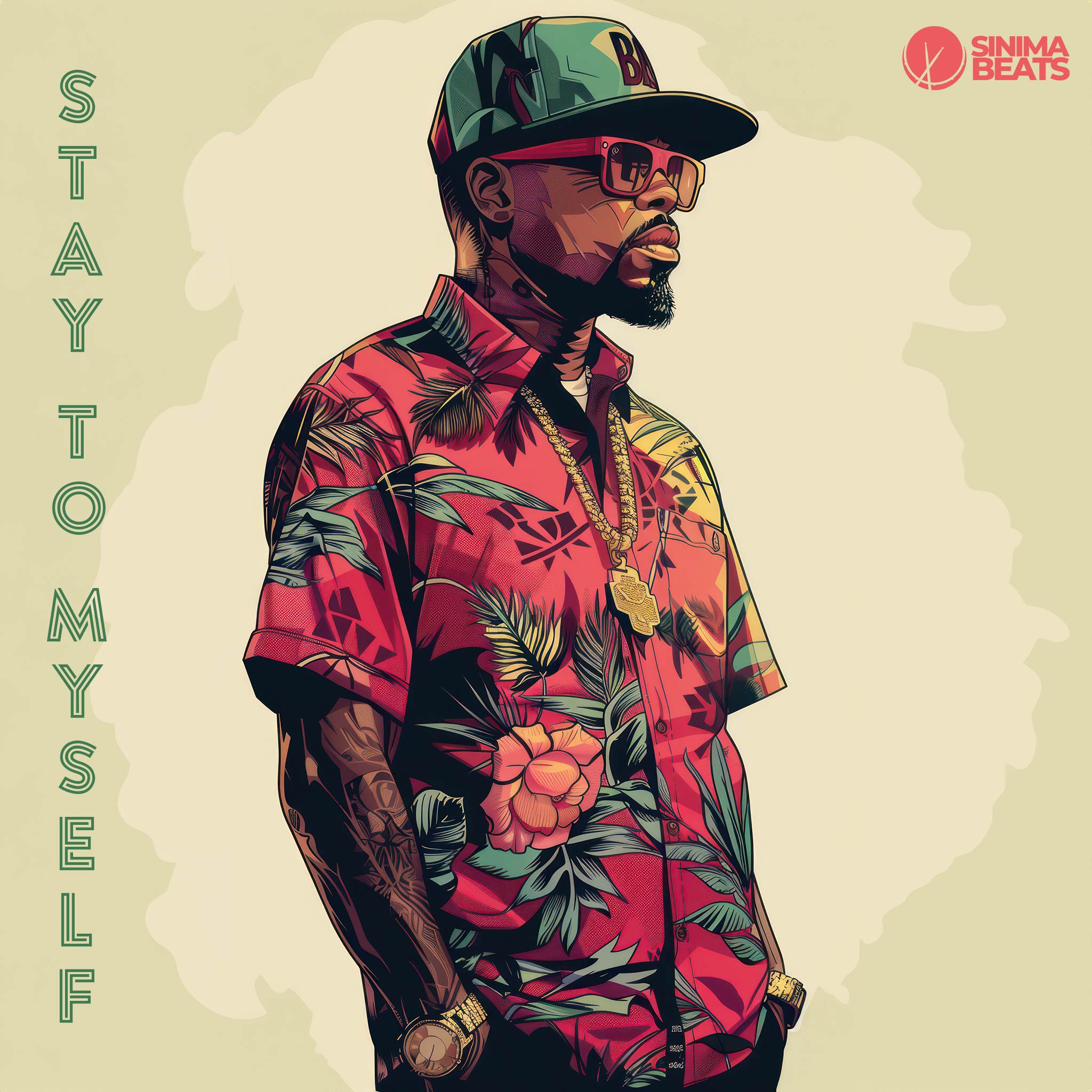 Illustration of a rapper wearing a tropical short-sleeve button-up shirt – Stay to Myself