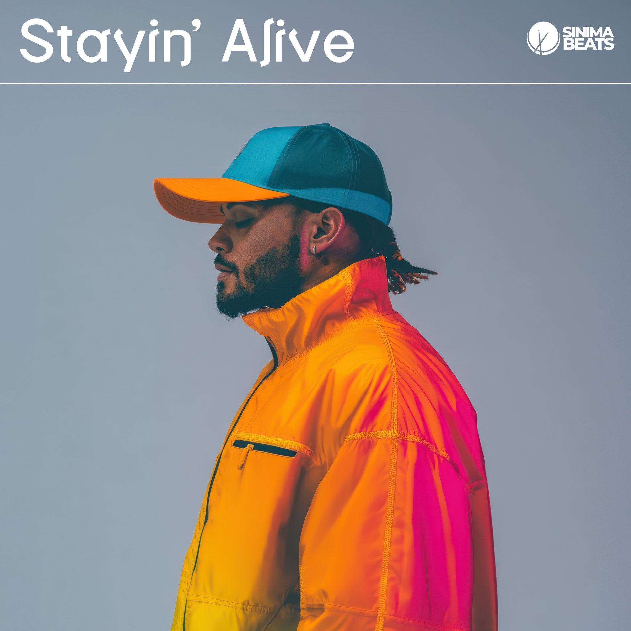 A portrait of an African American man with a beard, wearing a vibrant yellow and pink jacket, and a blue and orange baseball cap. His eyes are closed, and he stands against a light blue background, exuding a sense of calm and resilience. - Stayin' Alive