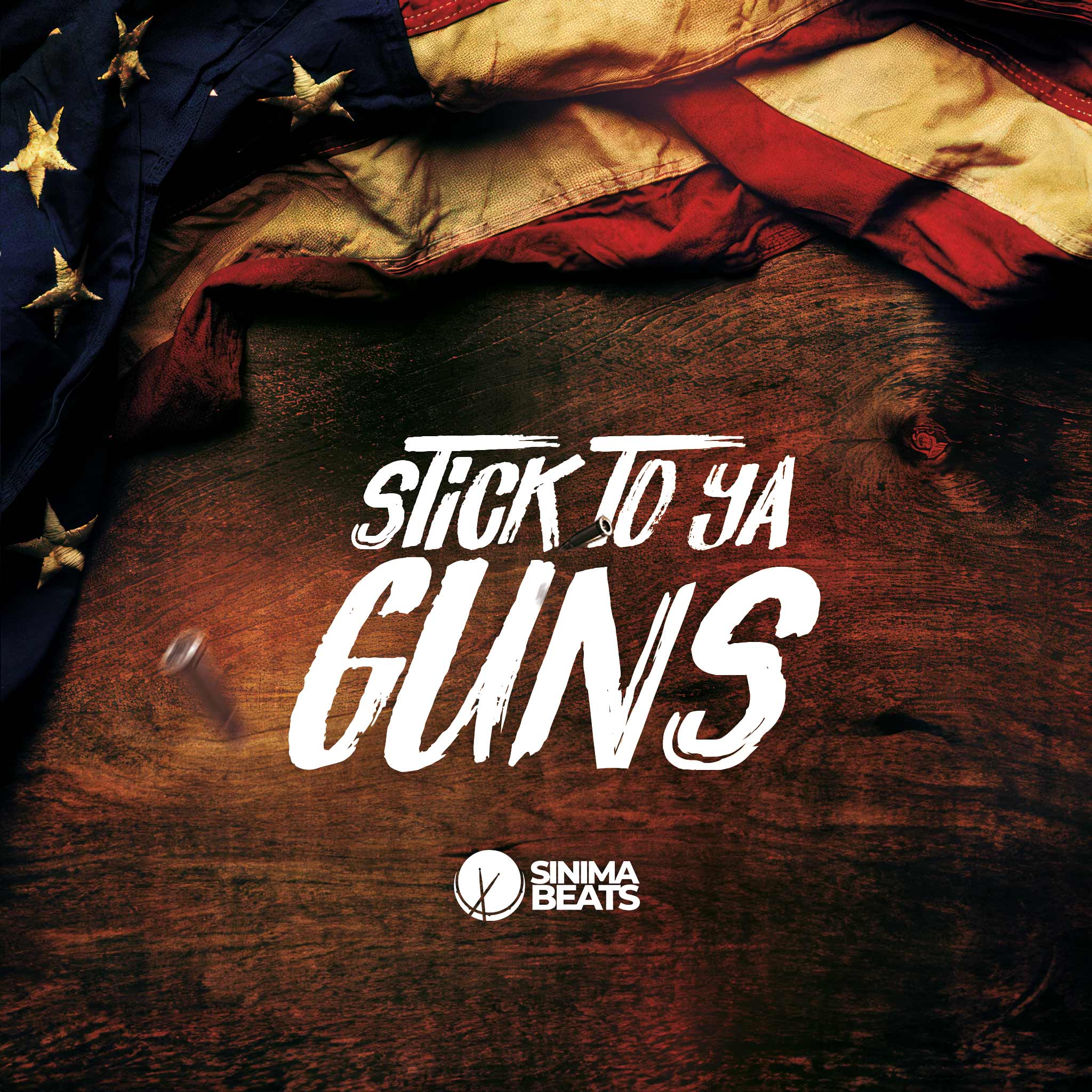 Illustration depicting an American flag draped over a wooden platform with title text 'Stick to Ya Guns' and scattered bullets, emphasizing a rugged and patriotic theme.