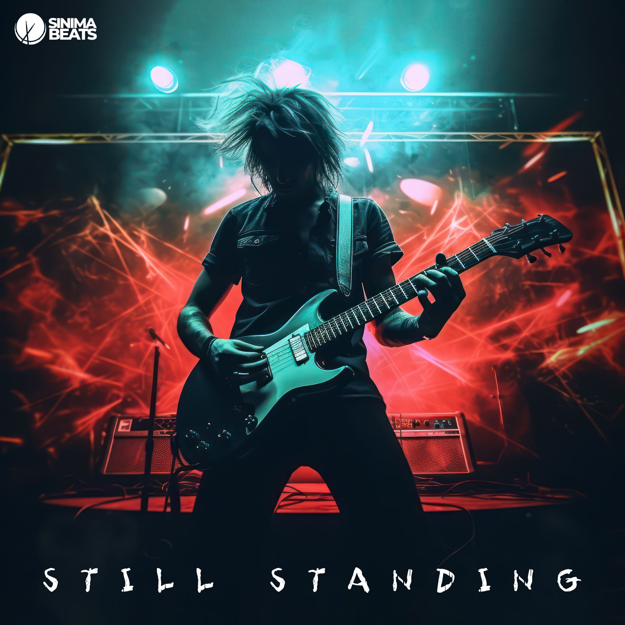 Alternative rock music cover art featuring a guitar player standing on stage, surrounded by vibrant green and red stage lights. The dynamic lighting creates a dramatic atmosphere, highlighting the musician’s silhouette as they perform, evoking a sense of resilience and energy. - Still Standing