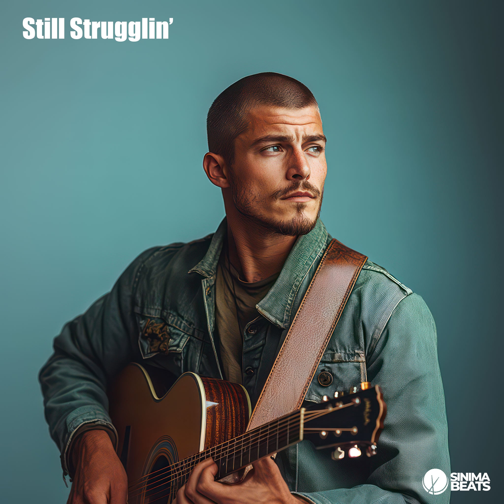 A semi-side profile shot of a handsome Caucasian man with a buzz cut, playing an acoustic guitar against a teal background. The image captures him from the waist up. - Still Strugglin'