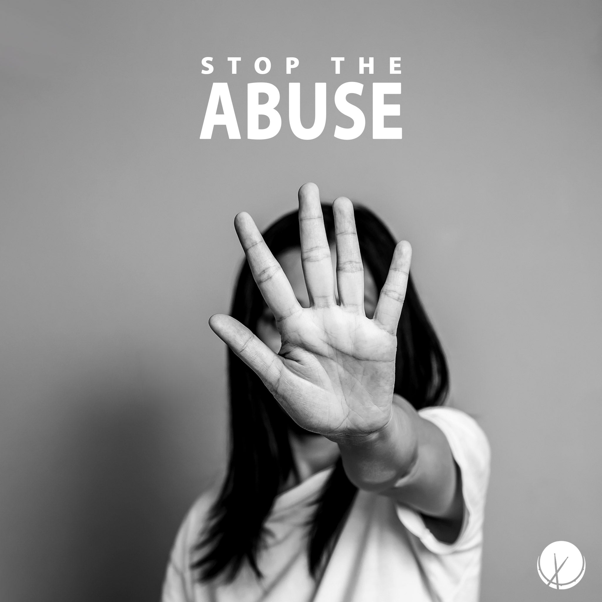 Empowering image titled "Stop the Abuse" featuring a woman with her hand raised to block the view of her face. The grayscale composition emphasizes the emotional impact. She has dark hair and wears a white t-shirt, symbolizing resilience in the face of adversity.