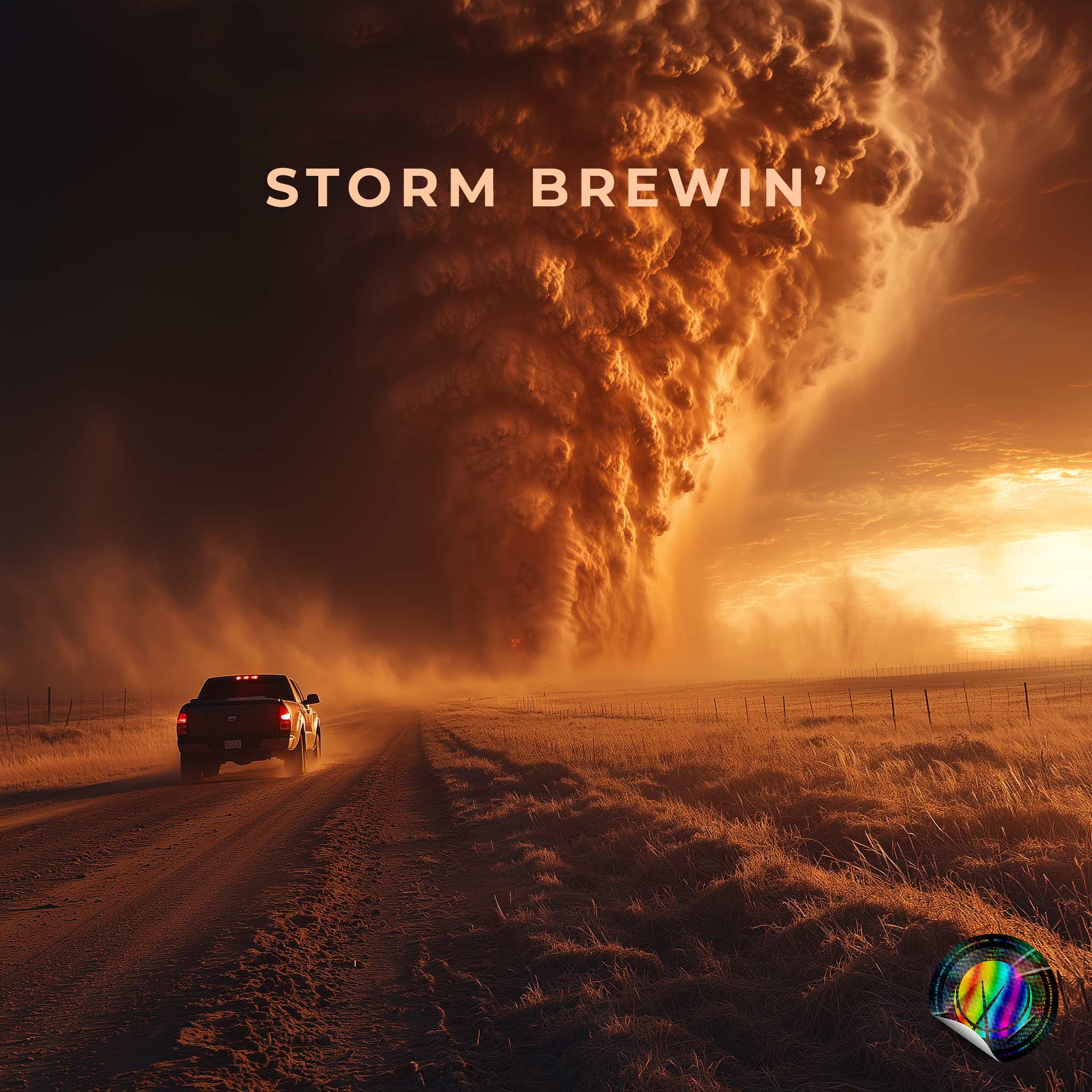 A powerful storm brews over a vast, dusty desert as a fearless storm chaser speeds down a rugged dirt road in a sturdy pickup truck. In the distance, a massive tornado twists violently, kicking up debris and dust against the ominous dark clouds. The dramatic scene captures the intensity of nature’s fury and the adrenaline rush of the chase. Perfect for themes of extreme weather, adventure, and the raw power of the elements. - Storm Brewin'