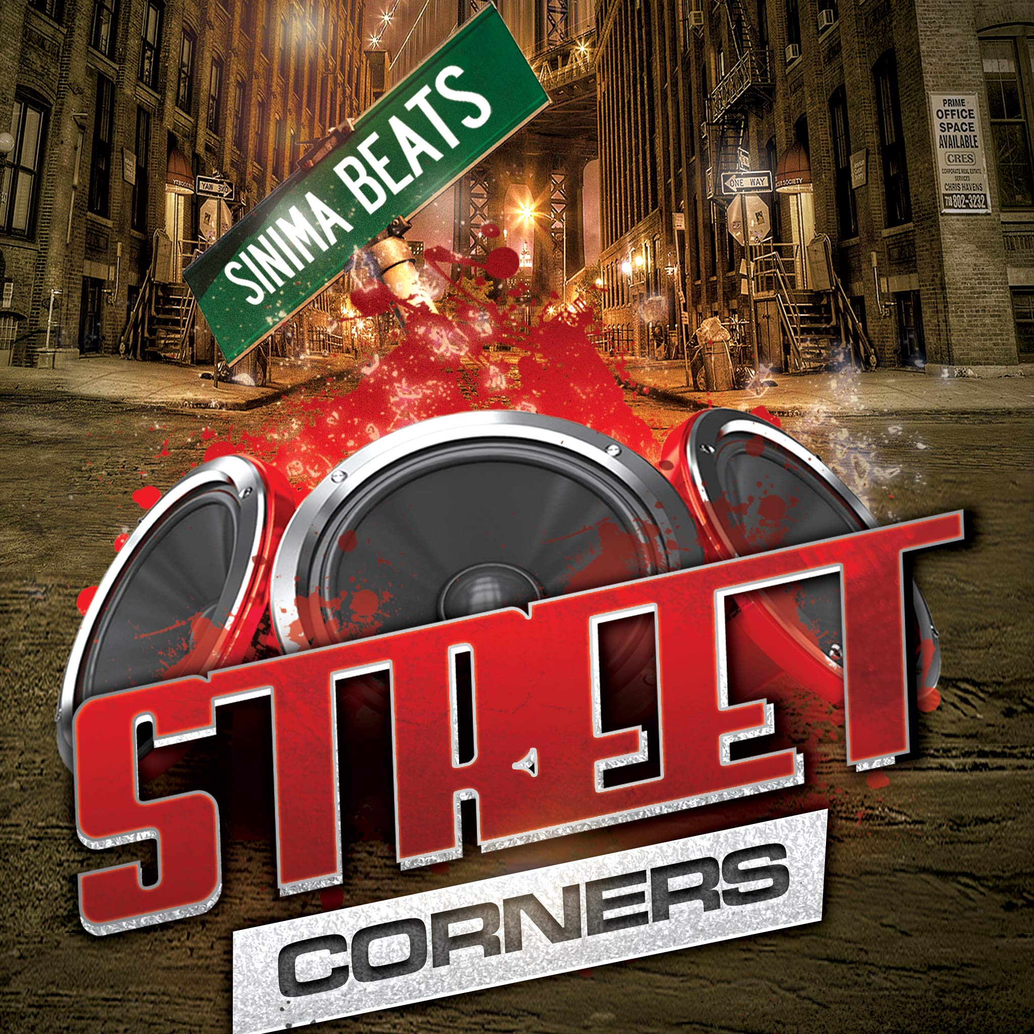 Cover art for Street Corners featuring urban street signs from a New York City street, juxtaposed with large speakers to create a club hip-hop vibe. The background captures the essence of the city's street culture, with the red title text prominently displayed to convey a sense of rhythm and energy.