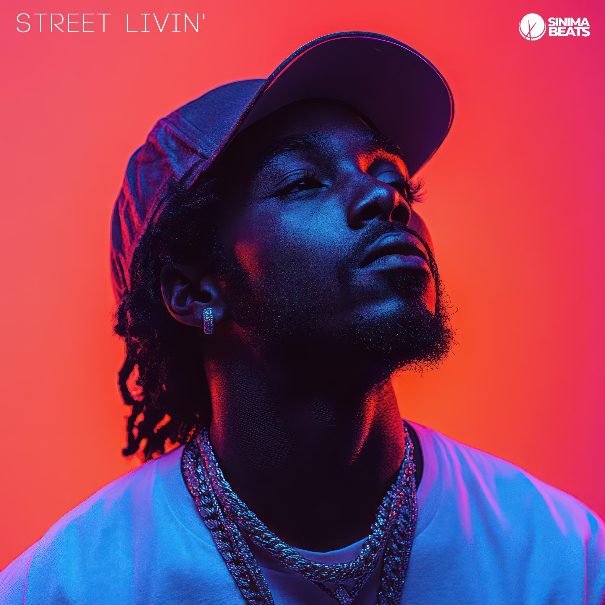 A stock photo featuring a rapper wearing urban clothes, including a white t-shirt and silver jewelry, along with a baseball cap. The vibrant neon orange background color adds a striking contrast, highlighting the rapper's stylish appearance. This image captures the essence of street fashion and hip-hop culture, emphasizing the dynamic and energetic vibe of urban living. - Street Livin'