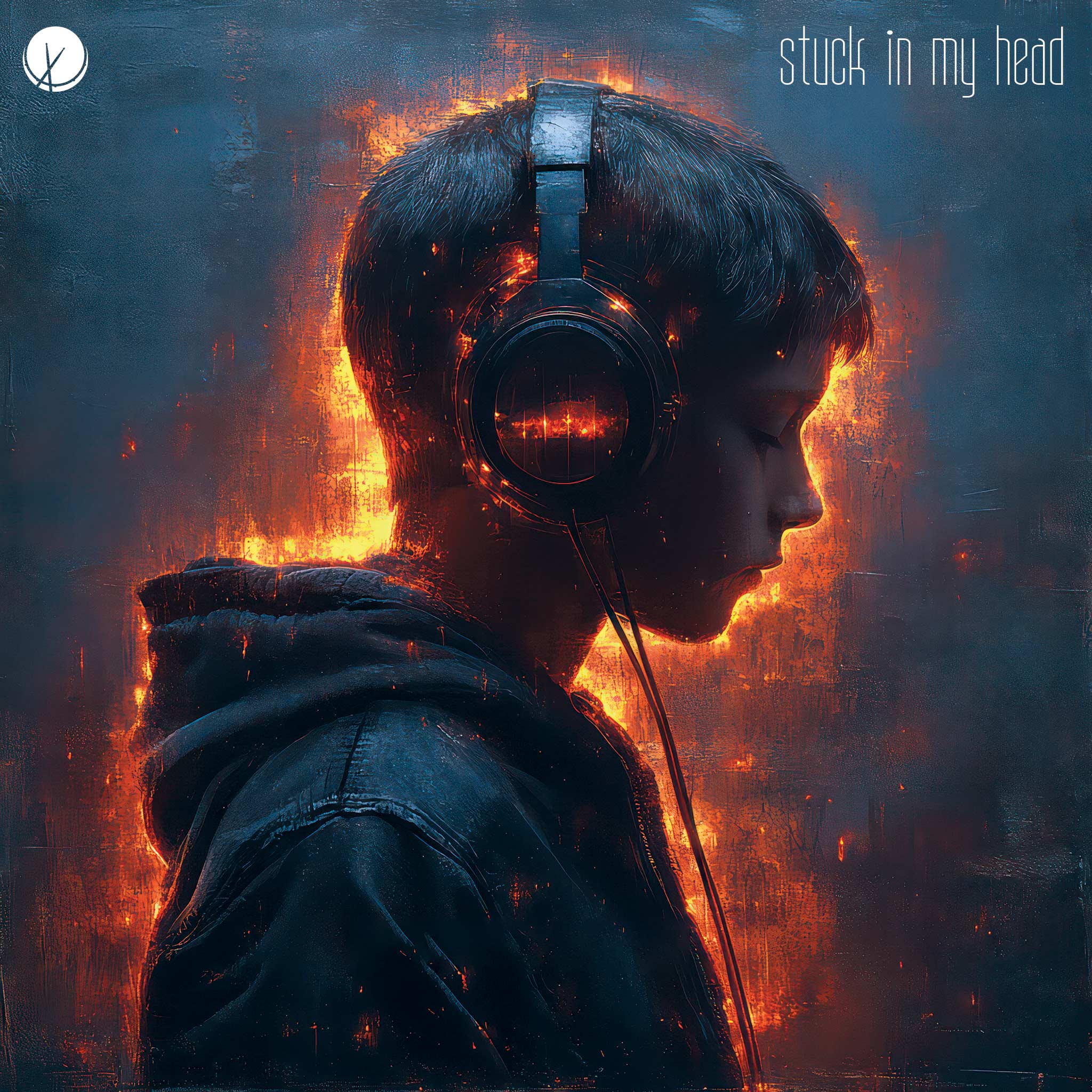 This painting-like textured cover art features a side-profile view of a young boy wearing headphones and a dark blue hooded sweater. Flames emanate from around him, symbolizing intense emotions and the overwhelming thoughts that are "stuck in his head." The dramatic contrast between the boy's calm demeanor and the fiery background highlights the theme of inner turmoil and musical escape. - Stuck in My Head