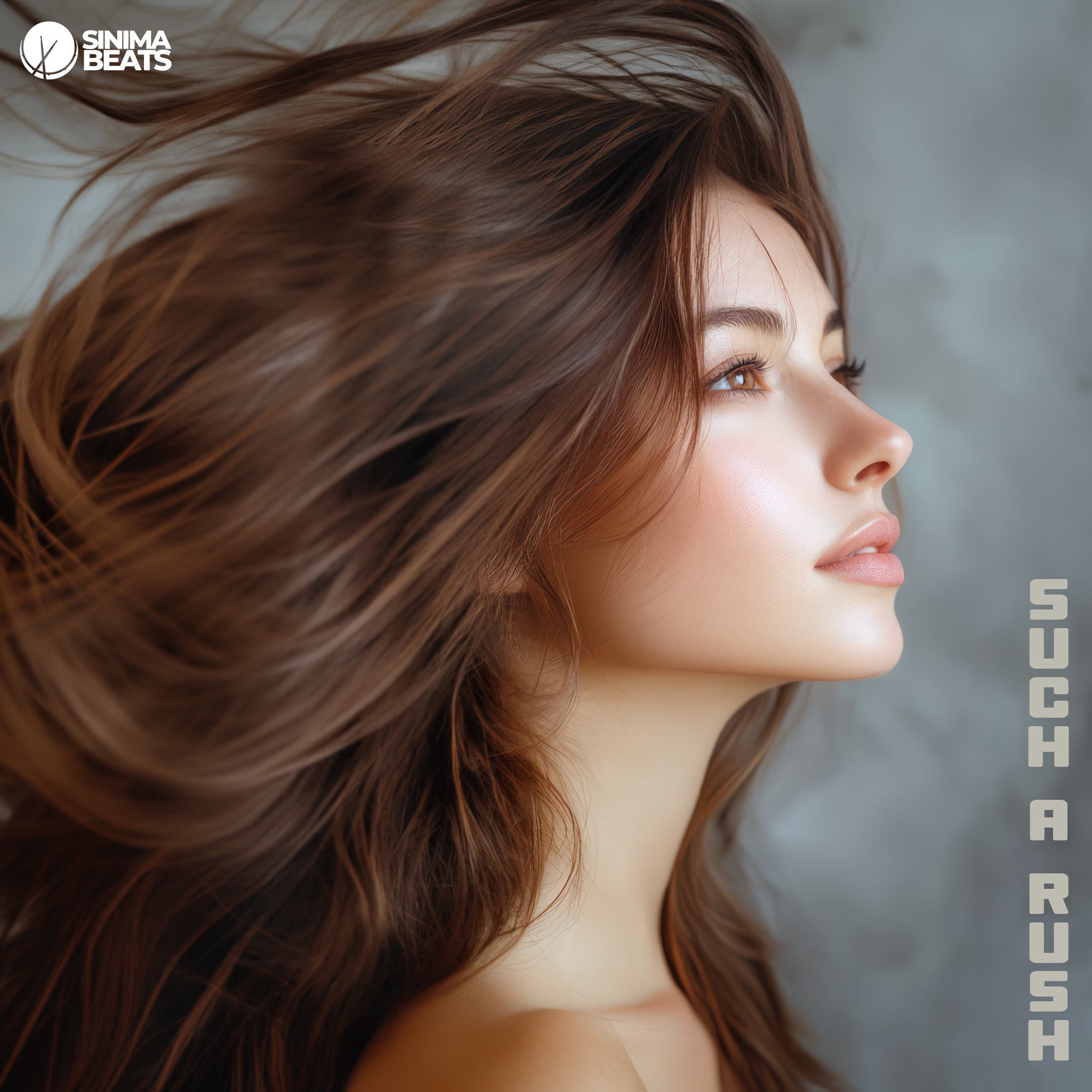 A close-up shot of a beautiful brunette Caucasian woman embodies the energy of such a rush. Her hair is dramatically flying up as if caught in a strong gust of wind, adding a sense of movement and spontaneity to the image. The woman's expression is intense yet serene, capturing a moment of exhilaration. Set against a simple gray background, the focus remains on her dynamic pose and the natural flow of her hair, highlighting the power and beauty of the rush.