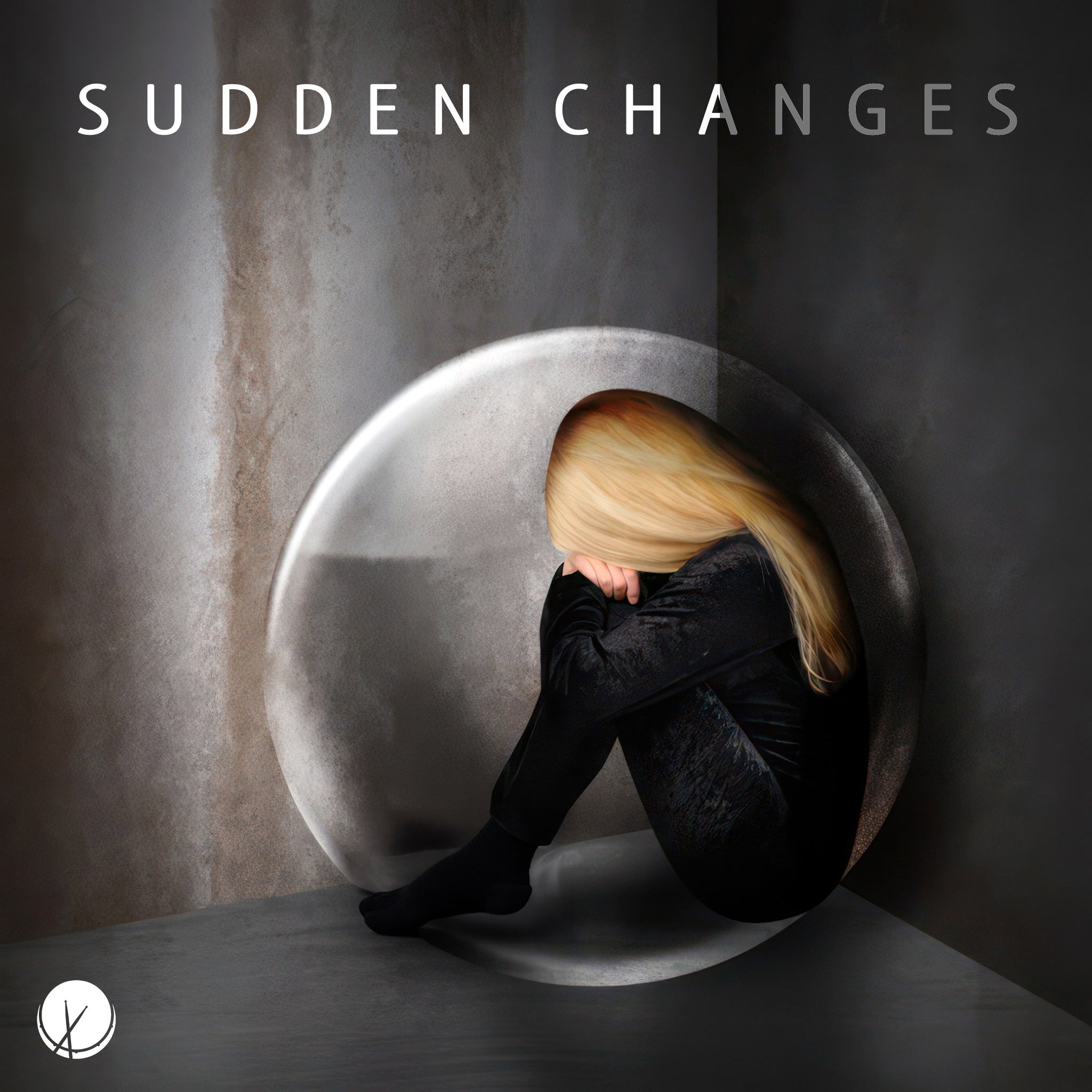 A blonde girl, dressed in a black suede jumpsuit and black socks, is depicted in a state of melancholy in this image titled Sudden Changes. She sits sadly within a bubble-like enclosure, which adds a sense of isolation and confinement to the scene. The textured background enhances the mood, providing a contrast to the smooth, reflective surface of the bubble. The overall composition captures the emotional weight of sudden shifts in life or in how a significant other is treating her.