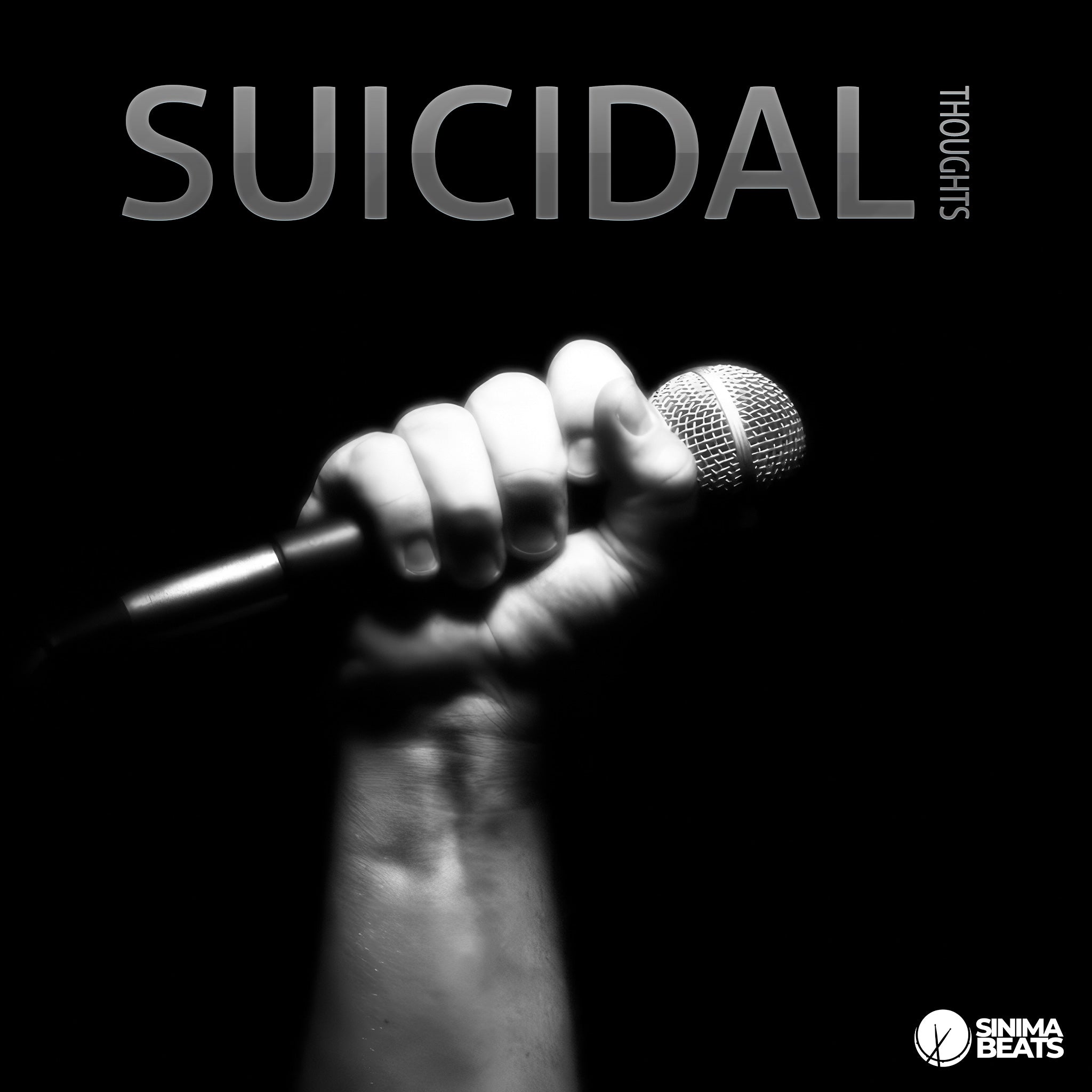 This grayscale image features a close-up of a hand gripping a microphone against a solid black background. The intense grip and somber tone convey a sense of struggle and emotional turmoil, highlighting the heavy theme. - Suicidal Thoughts (Hip Hop Cover Art)